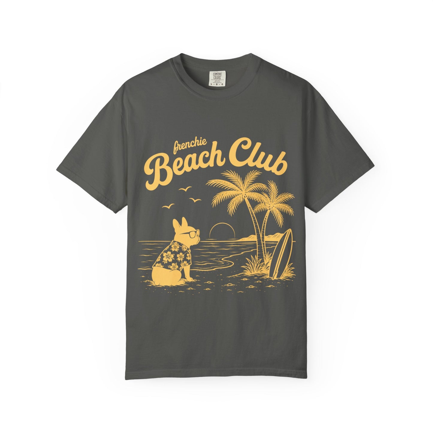 Frenchie Beach Club T-Shirt — Cute French Bulldog Surfing Palm Beach Tee