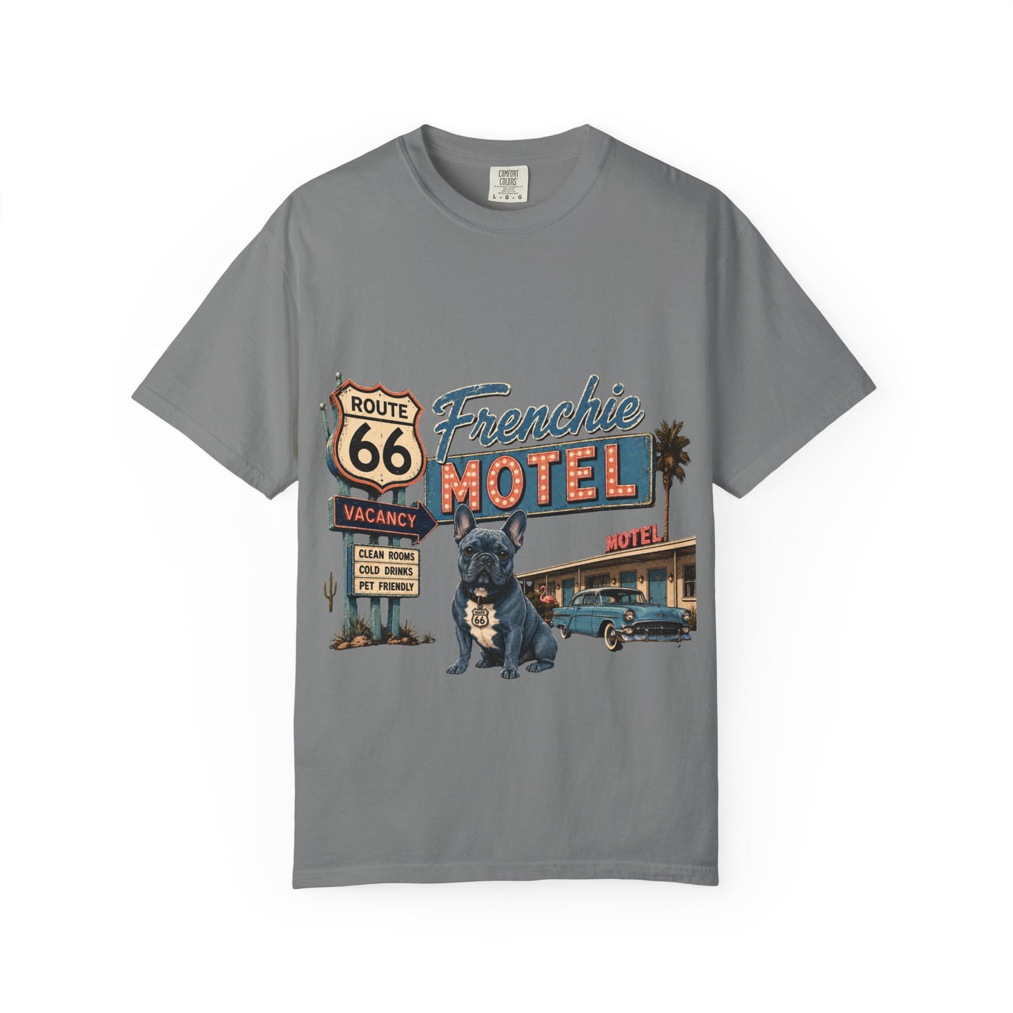 Route 66 Frenchie Motel Shirt, French Bulldog Retro Travel Tee, Vintage Road Trip Shirt, Dog Lover Graphic Tee, Route 66 Dog Shirt, Frenchie Motel T-Shirt, Retro Americana Gift