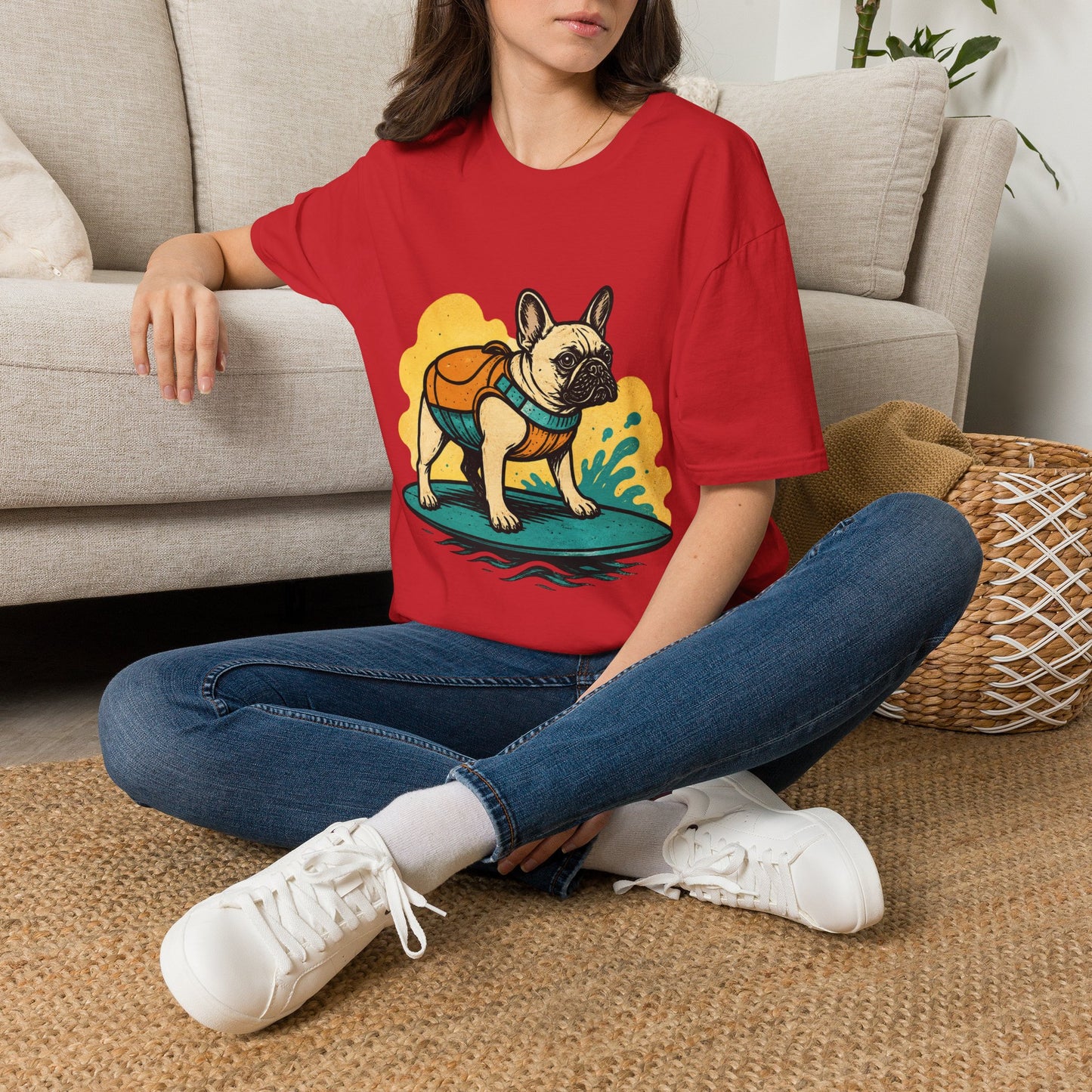 French Bulldog Surf T‑Shirt — Cute Dog with Backpack Beach Tee