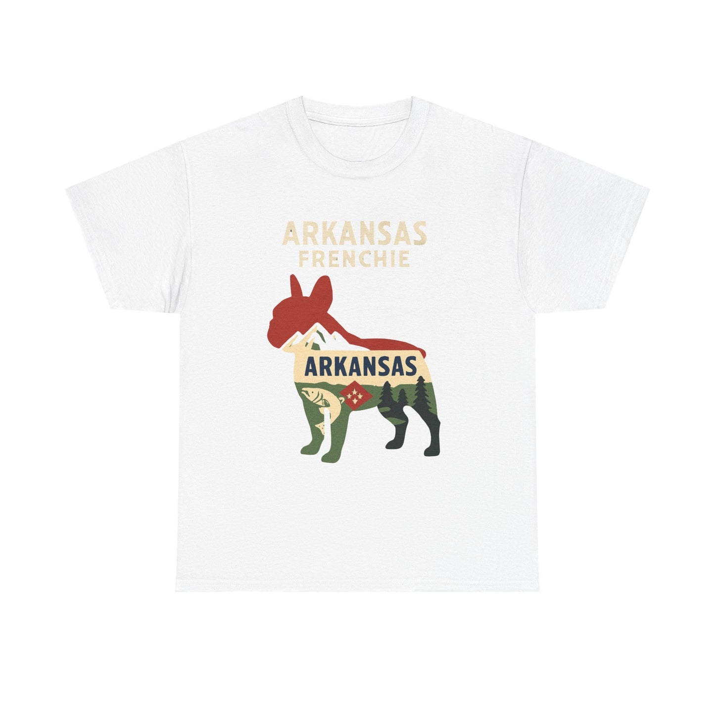 Arkansas Frenchie T-Shirt – French Bulldog State Pride Tee, Retro Arkansas Dog Lover Shirt, Nature Hiking Frenchie Gift