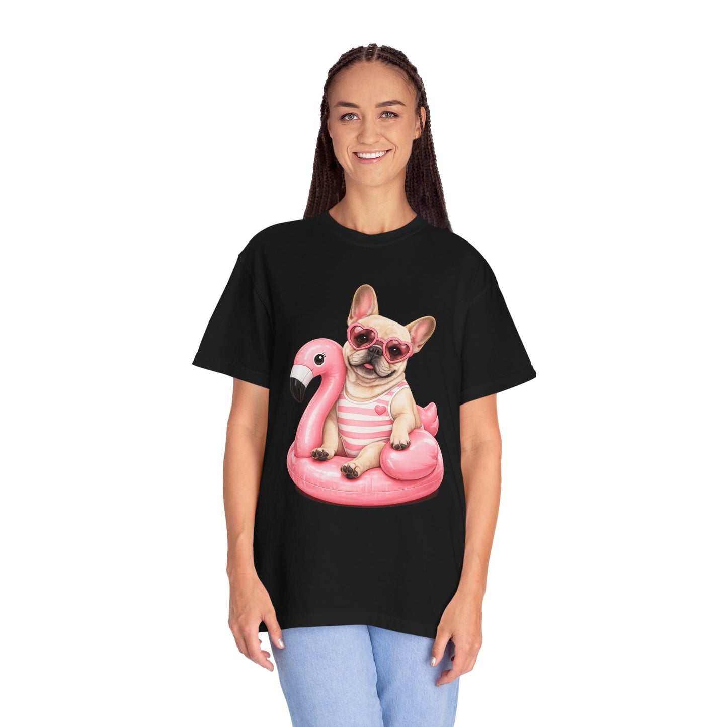 French Bulldog on Pink Flamingo Float T-Shirt — Cute Summer Dog Tee