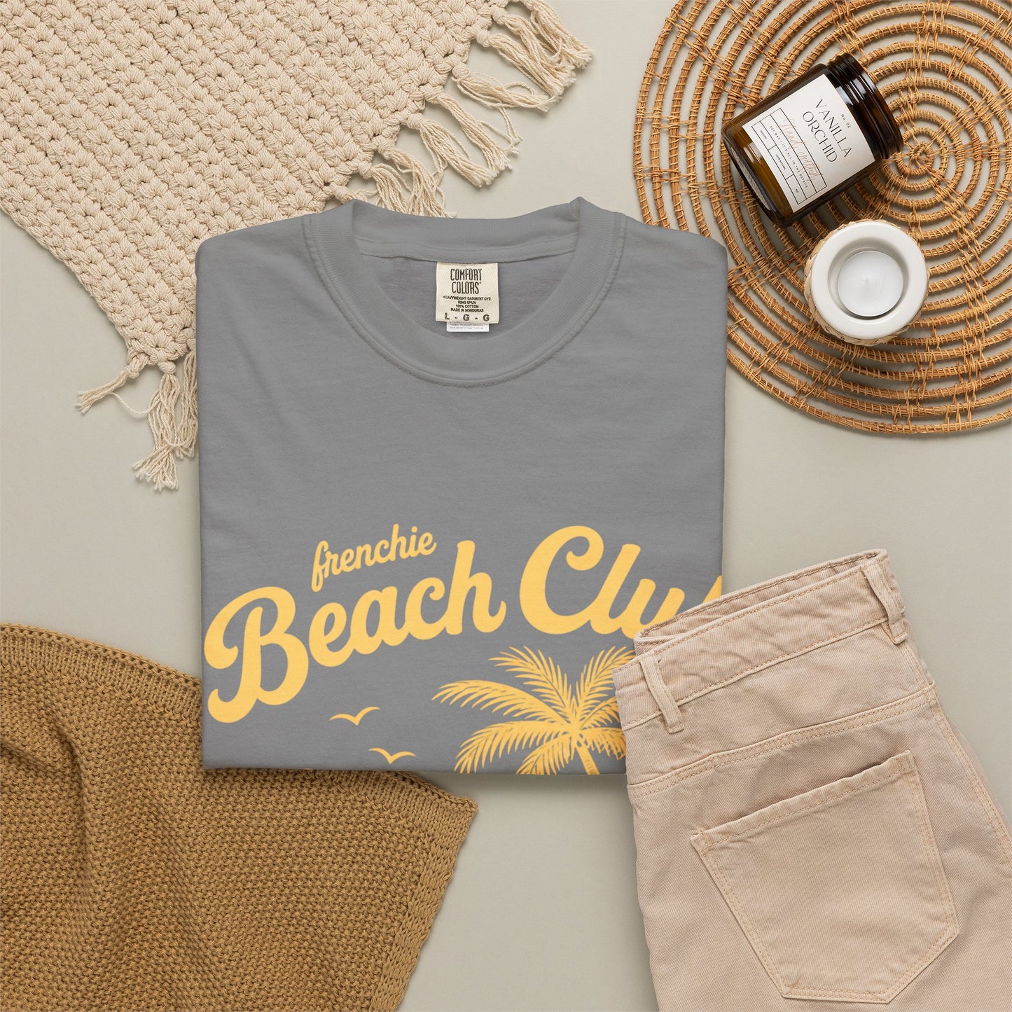 Frenchie Beach Club T-Shirt — Cute French Bulldog Surfing Palm Beach Tee