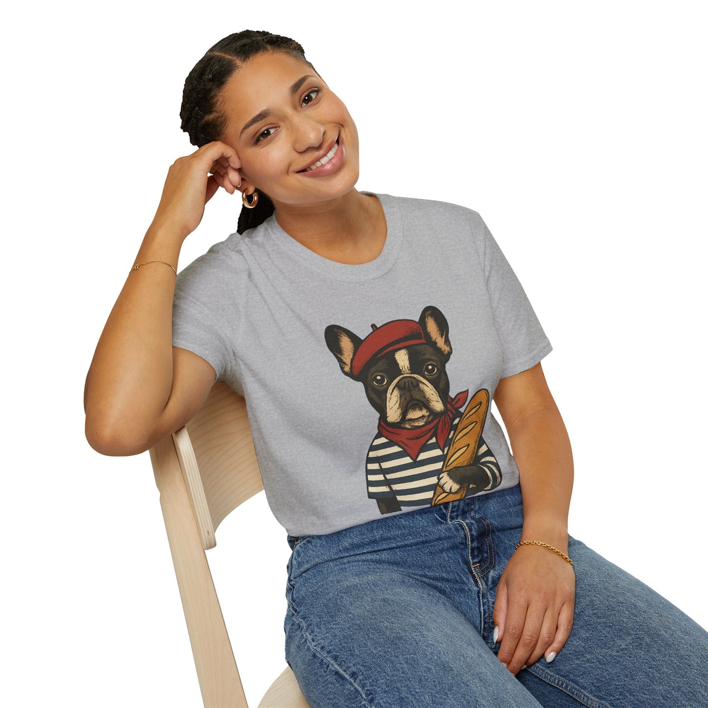 French Bulldog Parisian T-Shirt – Cute Frenchie in Beret & Stripes with Baguette – Funny Dog Lover Tee, French Style Dog Shirt, Gift for Frenchie Moms