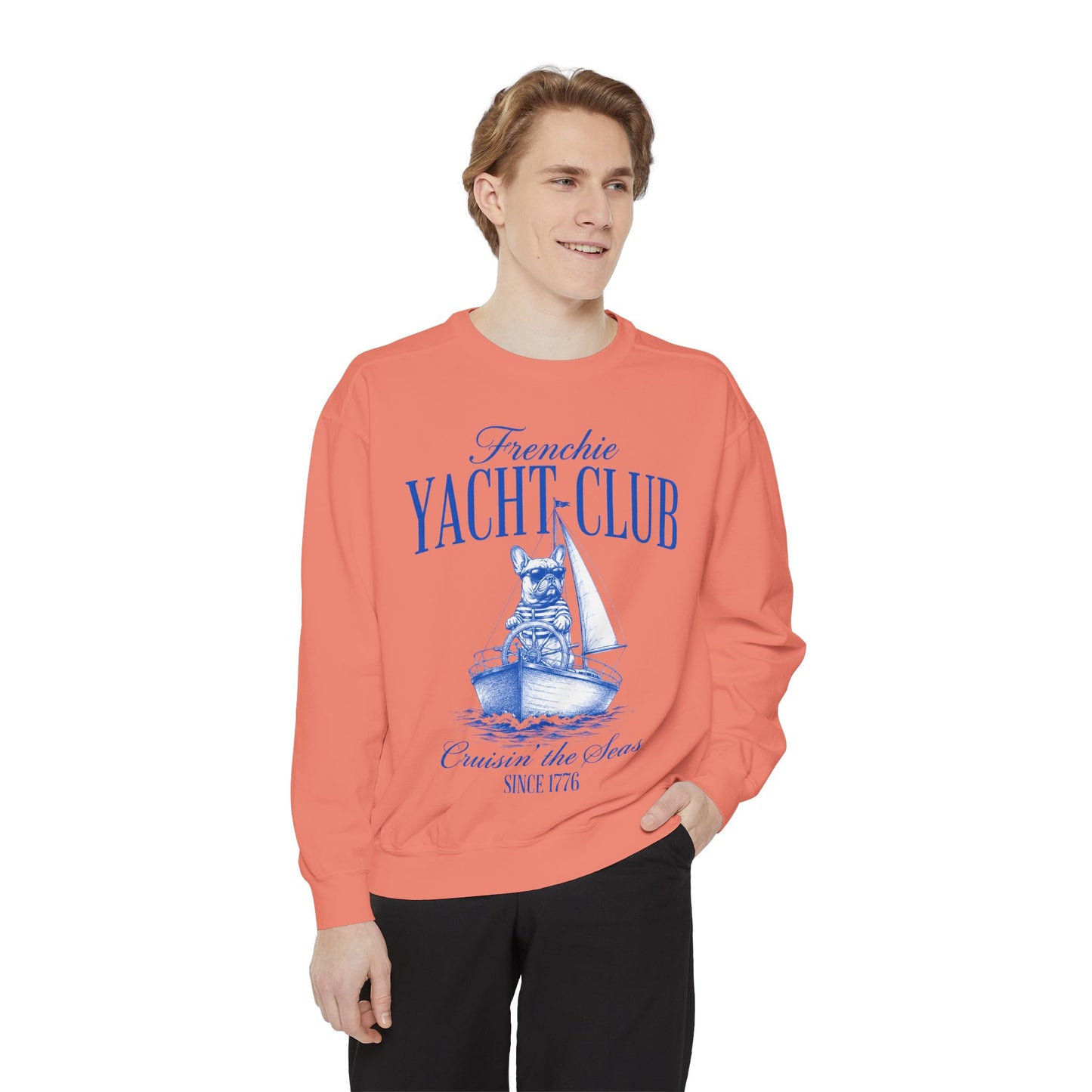 Frenchie Yacht Club Sweatshirt, French Bulldog Nautical Crewneck, Coastal Dog Lover Sweatshirt, Sailing Frenchie Pullover, Beach Club French Bulldog Gift, Preppy Yacht Club Sweatshirt