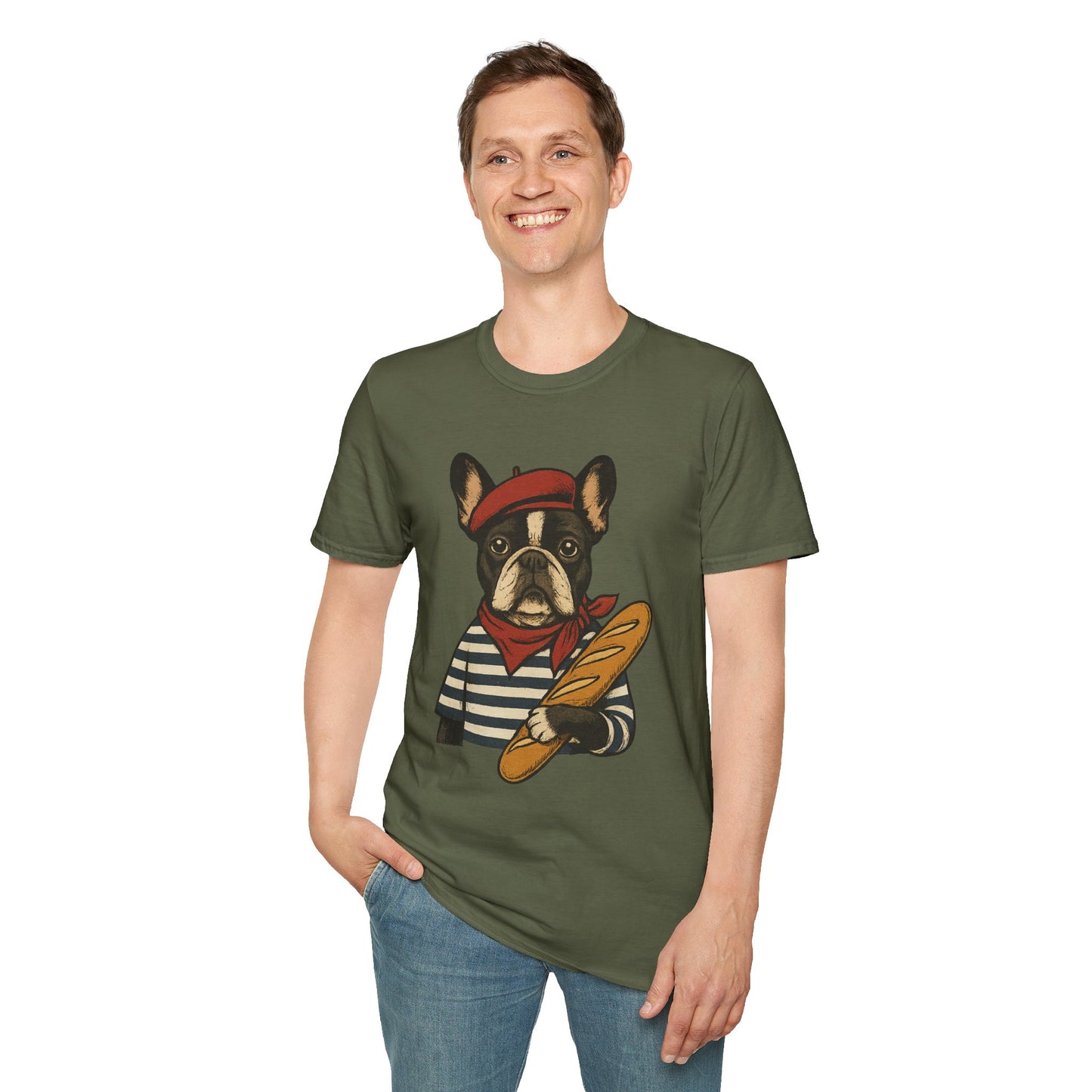 French Bulldog Parisian T-Shirt – Cute Frenchie in Beret & Stripes with Baguette – Funny Dog Lover Tee, French Style Dog Shirt, Gift for Frenchie Moms