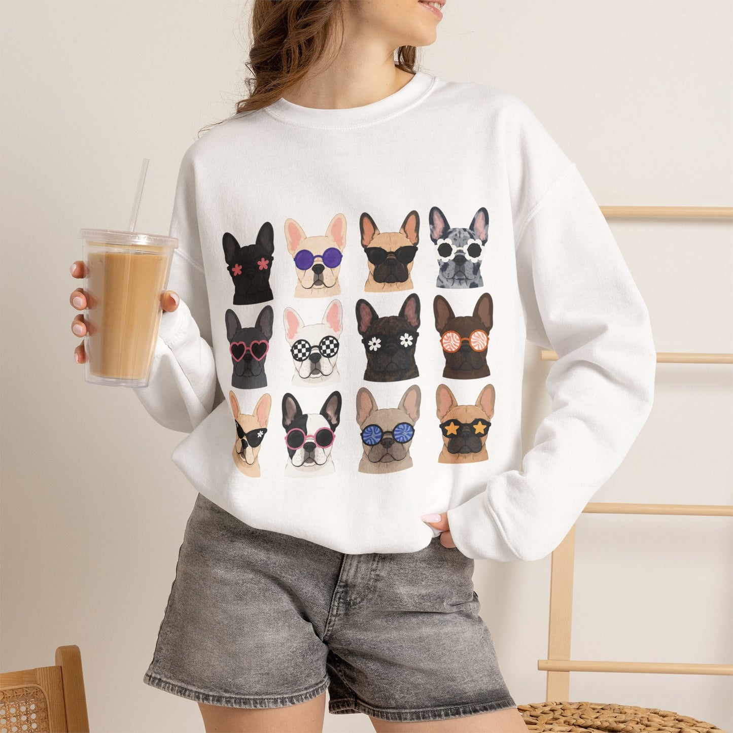 French Bulldog Faces Crewneck Sweatshirt – Cute Sunglasses Dogs Graphic