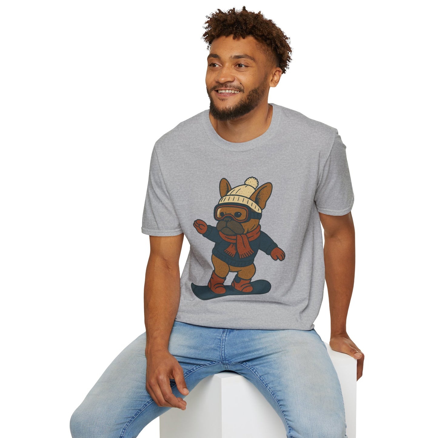 Snowboarding Frenchie T-Shirt | Cute Winter Dog Snowboard Tee | French Bulldog Snowboarder Shirt | Holiday Ski Resort Pup Graphic | Dog Lover Snow Sport Gift