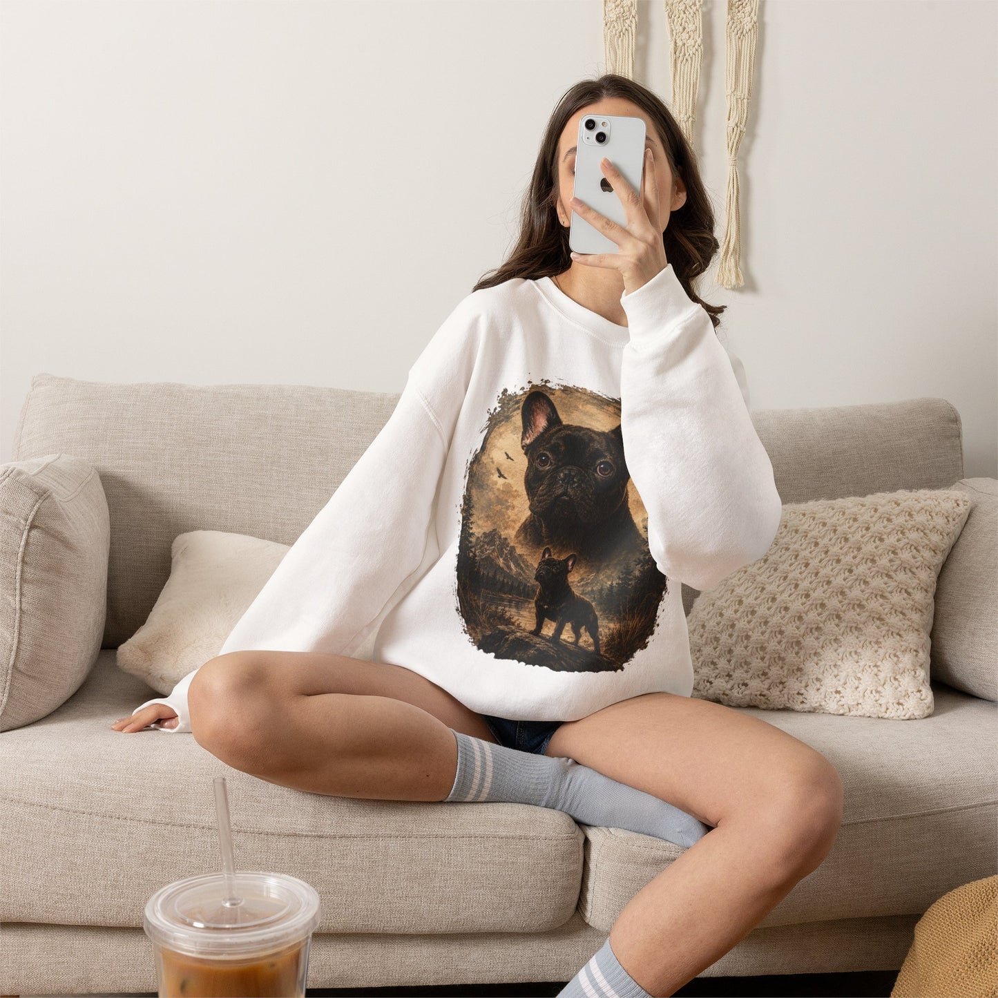 Black French Bulldog Sweatshirt, Rustic Frenchie Crewneck, Vintage Nature French Bulldog Sweatshirt, Dog Lover Gift, Black Frenchie Pullover, Camping Sweatshirt, Cozy Dog Apparel