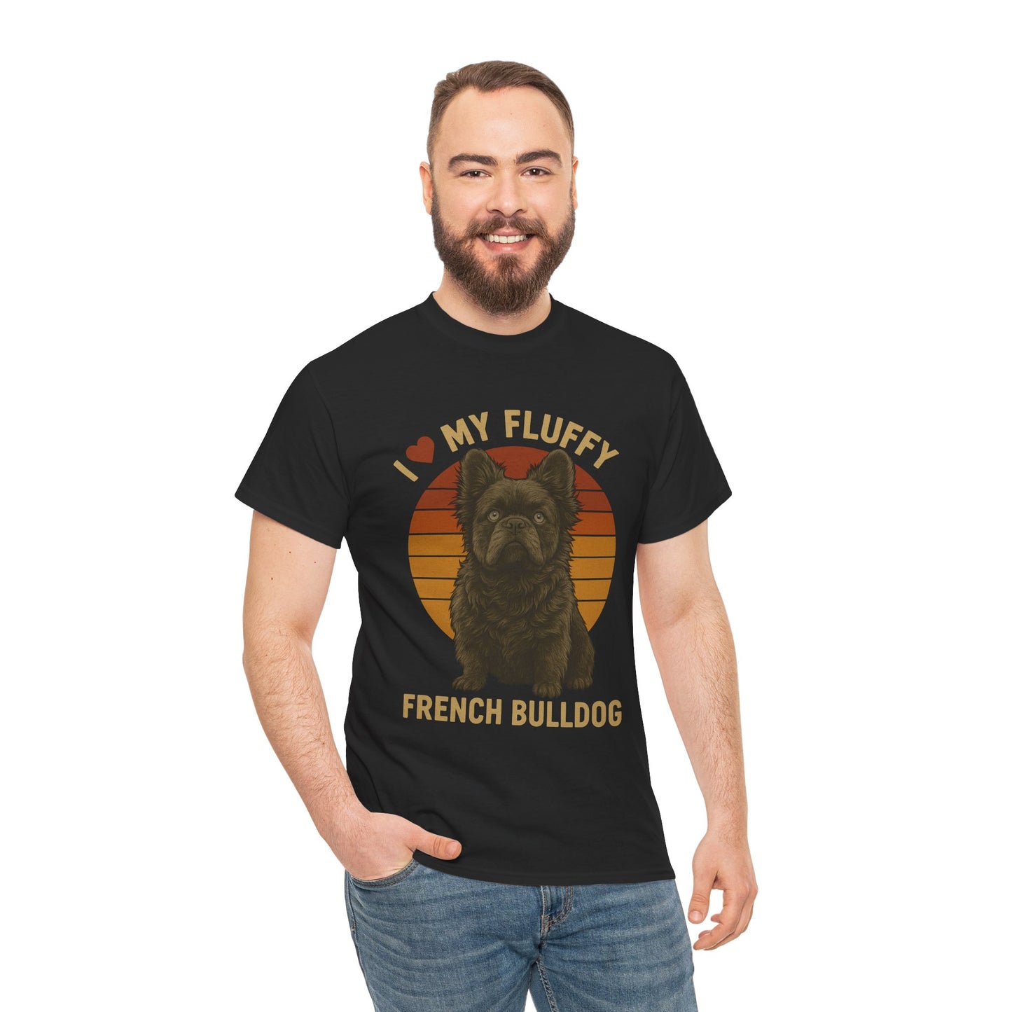 I Love My Fluffy French Bulldog Shirt – Cute Fluffy Frenchie Mom Tee – Retro Sunset Dog Lover Gift – Fluffy Frenchie Owner Present – Pet Parent T-Shirt