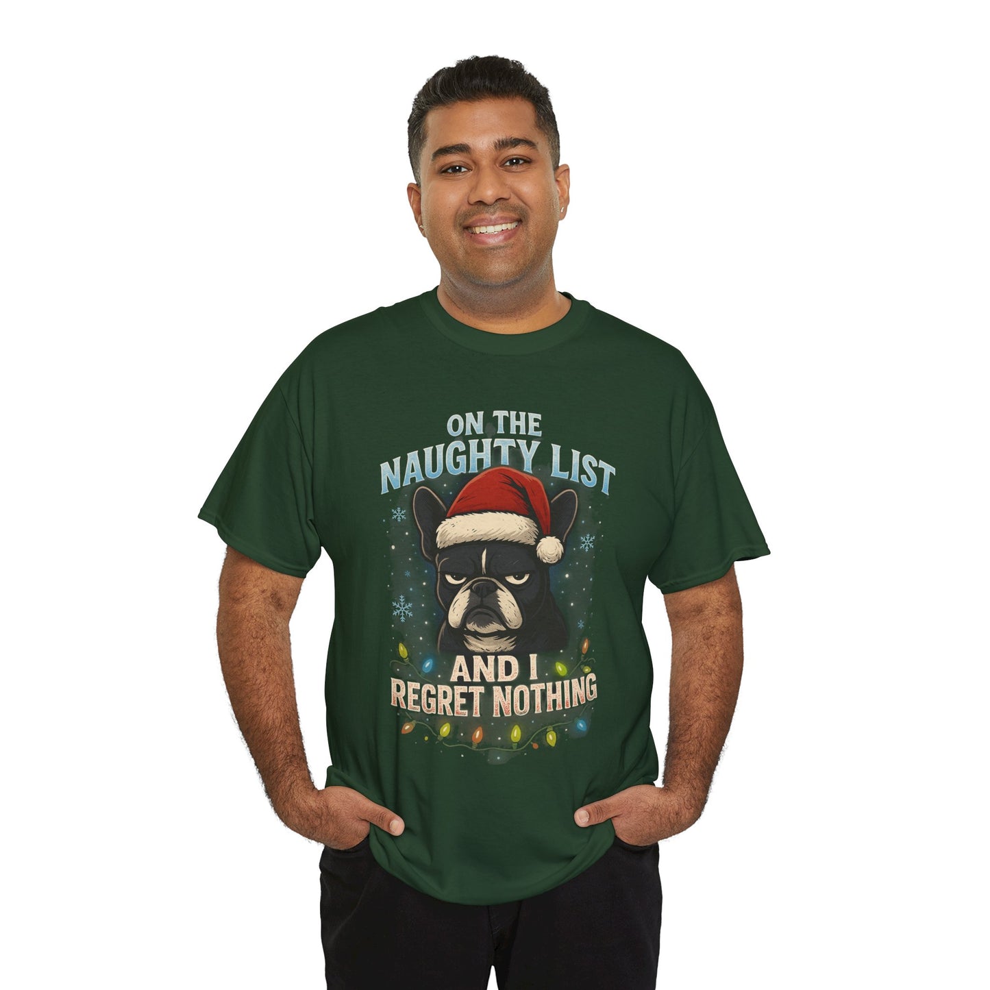 On The Naughty List Frenchie Christmas Shirt | Funny Holiday Dog Lover Tee | Grumpy French Bulldog Xmas Lights T-Shirt | Cute Pet Gift