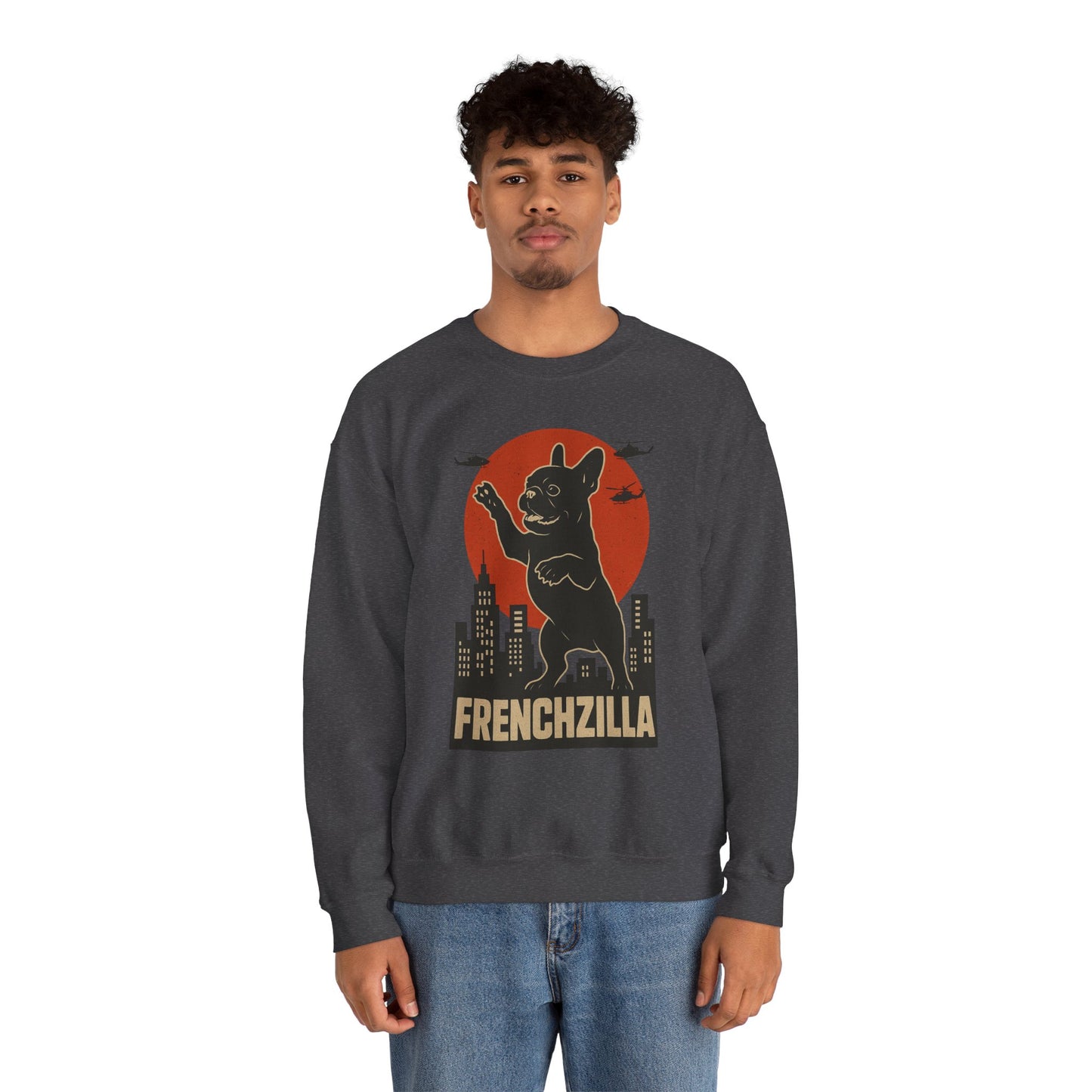 French Bulldogzilla Sweatshirt | Godzilla Inspired French Bulldog Graphic Tee | Retro Japanese Movie Style Dog Lover Shirt | Funny Frenchie Gift