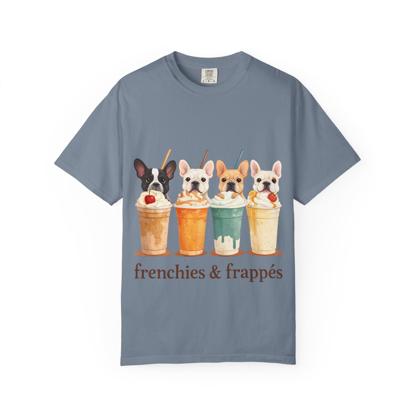Frenchies & Frappés Shirt, French Bulldog Coffee Shirt, Cute Frenchie Café Tee, Coffee Lover Dog Shirt, Dog Mom Gift, French Bulldog Graphic Tee