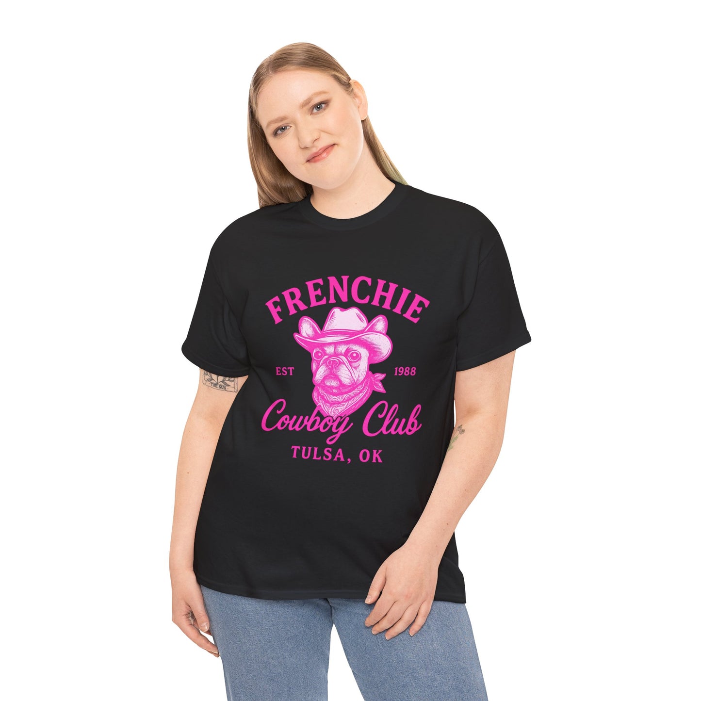 Frenchie Cowboy Club Pink T-Shirt | Hot Pink Western Dog Lover Tee | Tulsa OK French Bulldog Shirt