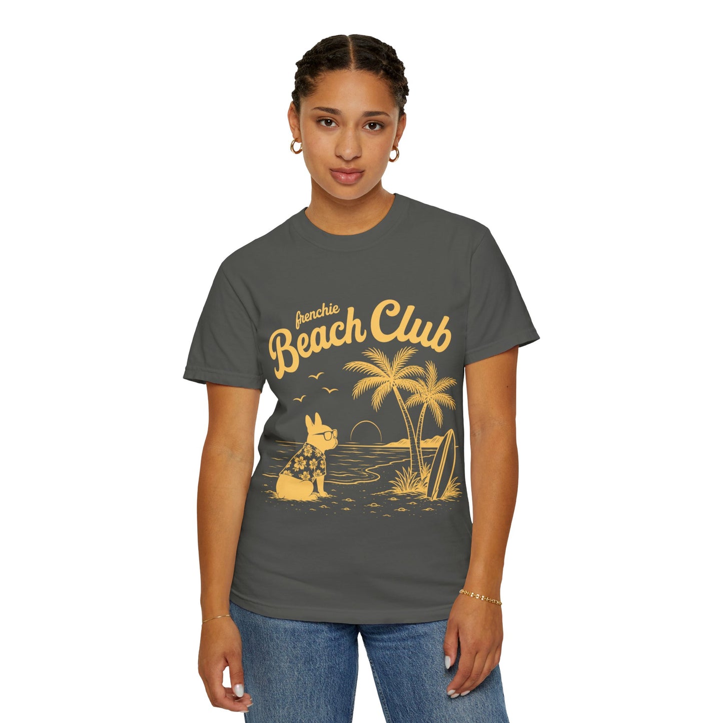 Frenchie Beach Club T-Shirt — Cute French Bulldog Surfing Palm Beach Tee