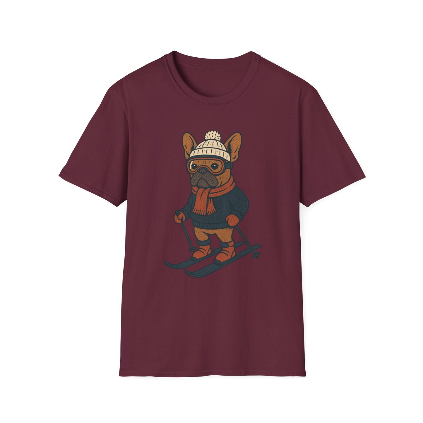 French Bulldog Skiing T-Shirt, Winter Frenchie Shirt, Ski Dog Graphic Tee, Cute Snow Dog Gift, Funny Frenchie Lover Shirt, Skiing Pup Tee