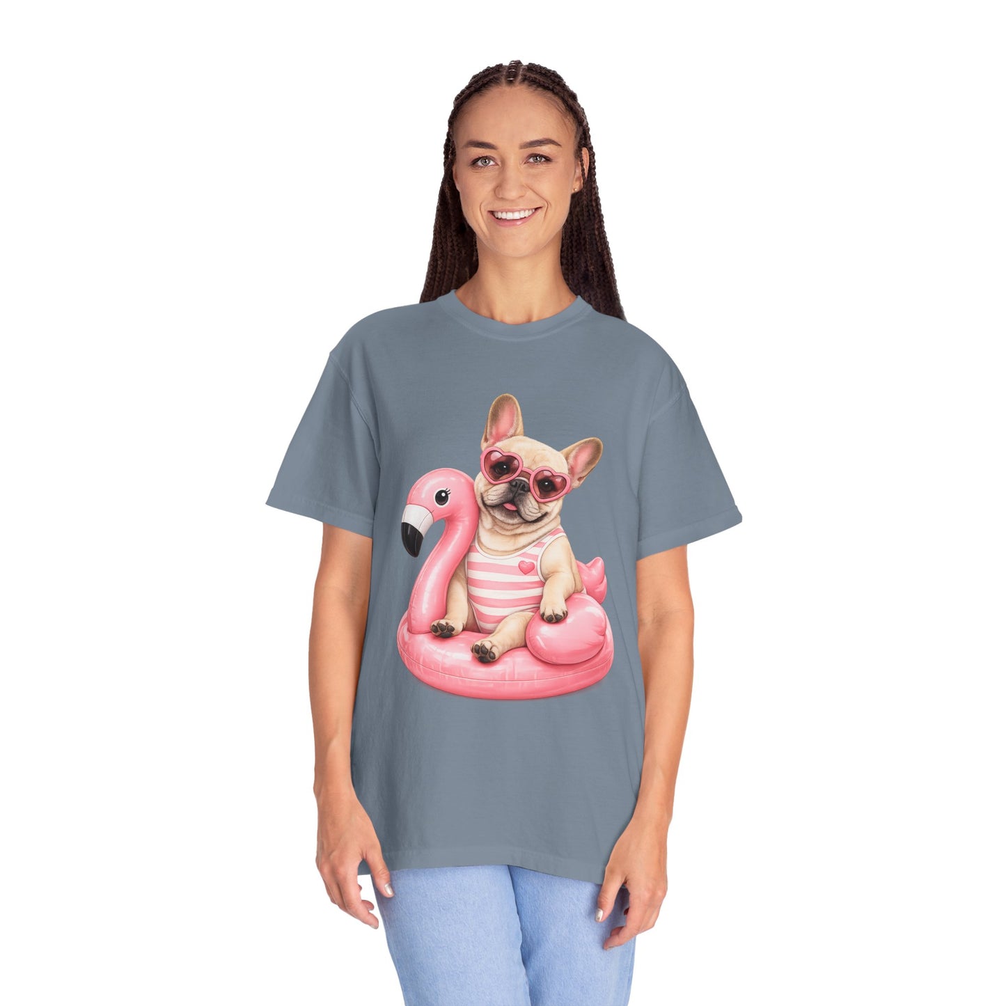 French Bulldog on Pink Flamingo Float T-Shirt — Cute Summer Dog Tee