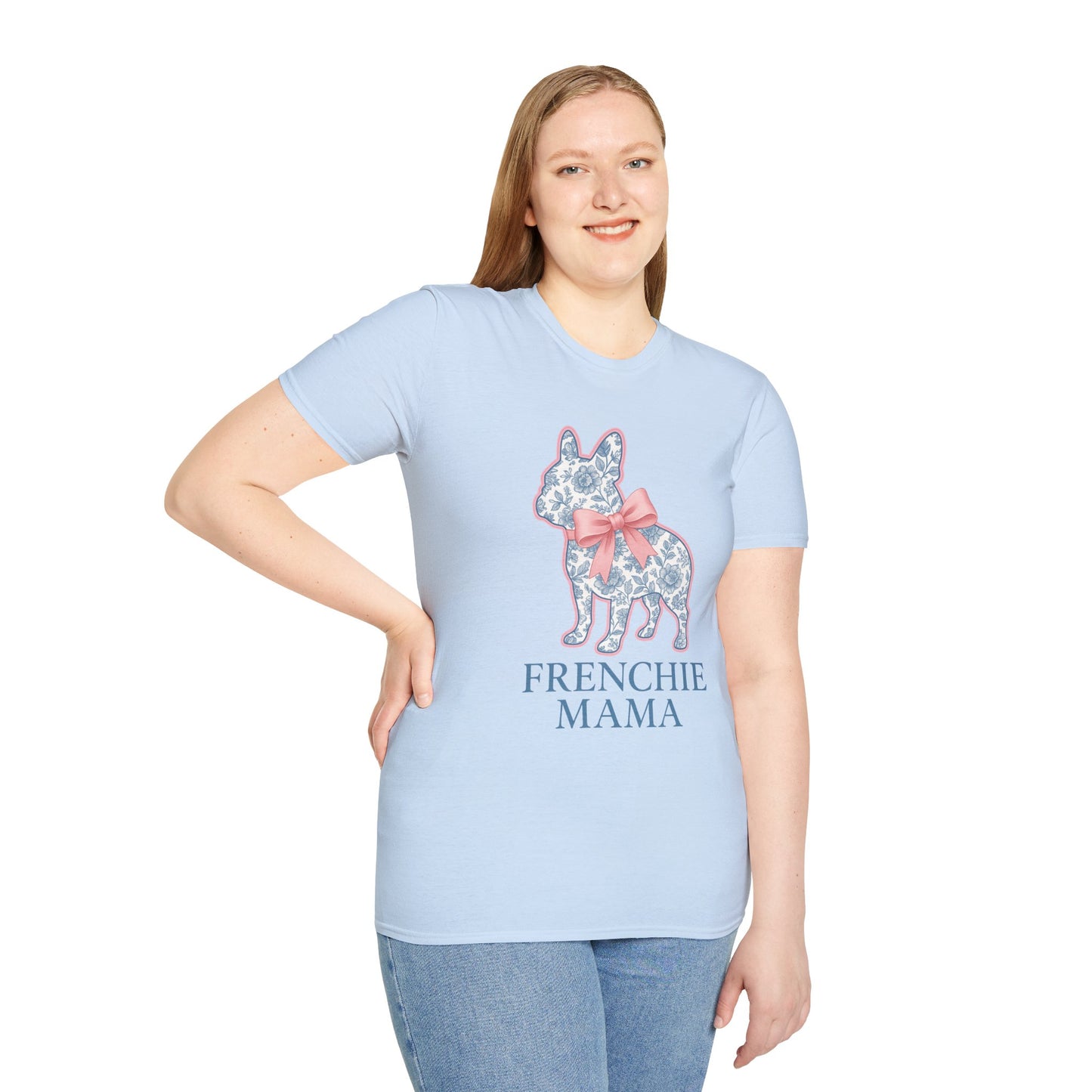 Frenchie Mama Shirt – Floral French Bulldog Silhouette Tee with Pink Bow, Dog Mom Gift, Cute Frenchie Lover T-Shirt, Pastel Dog Mom Apparel