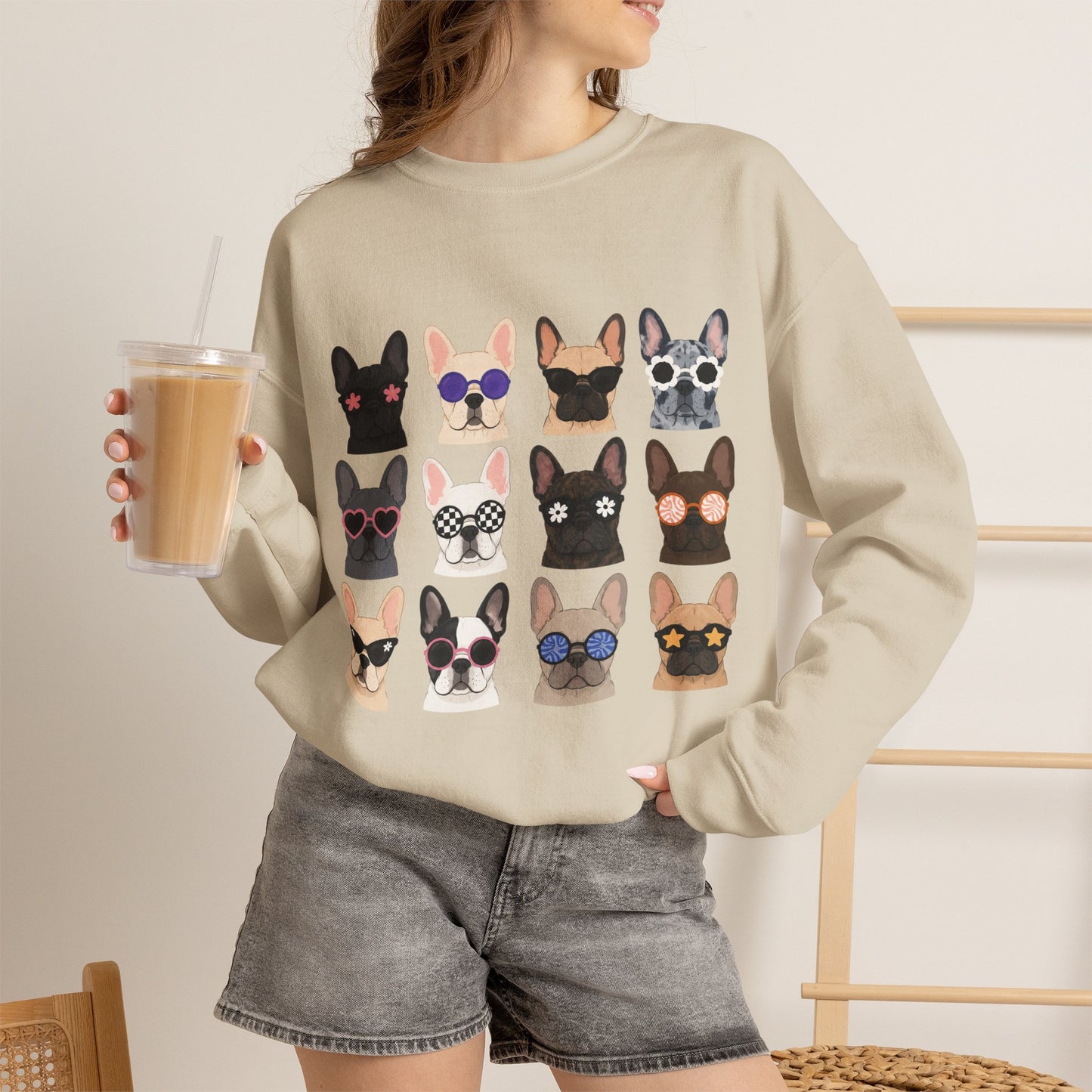 French Bulldog Faces Crewneck Sweatshirt – Cute Sunglasses Dogs Graphic