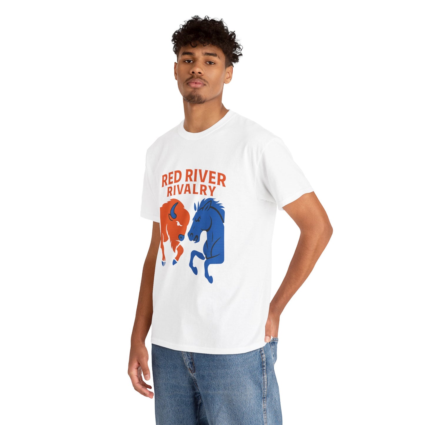 Red River Rivalry T-Shirt – Oklahoma vs Texas-Inspired Tee, Bison and Mustang Game Day Shirt, Blue and Orange Sports Rivalry Graphic
