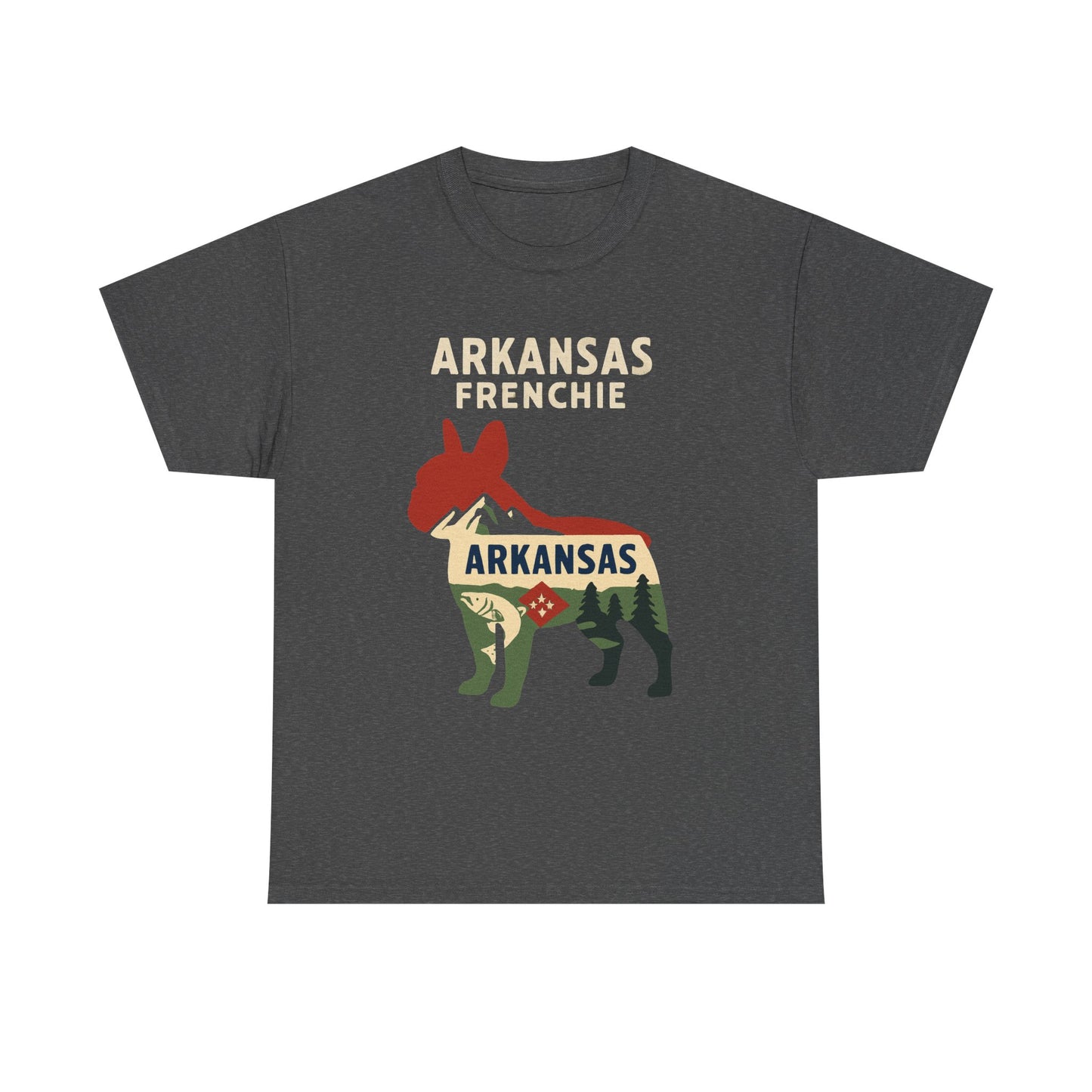 Arkansas Frenchie T-Shirt – French Bulldog State Pride Tee, Retro Arkansas Dog Lover Shirt, Nature Hiking Frenchie Gift