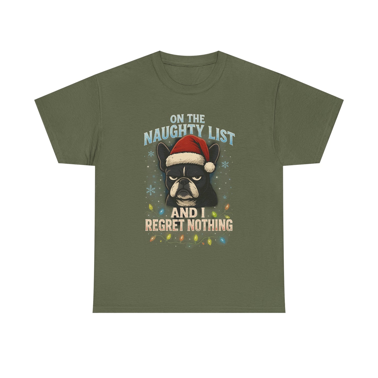 On The Naughty List Frenchie Christmas Shirt | Funny Holiday Dog Lover Tee | Grumpy French Bulldog Xmas Lights T-Shirt | Cute Pet Gift