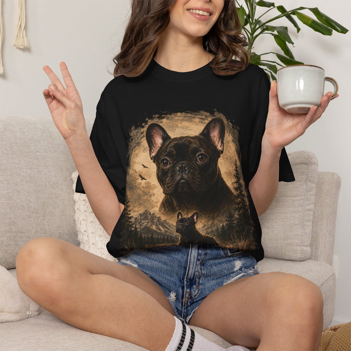 Black French Bulldog Shirt, Vintage Frenchie Nature Tee, Rustic French Bulldog Shirt, Dog Lover Gift, Frenchie Mountain Landscape Tee, Outdoors Dog Shirt, French Bulldog Art