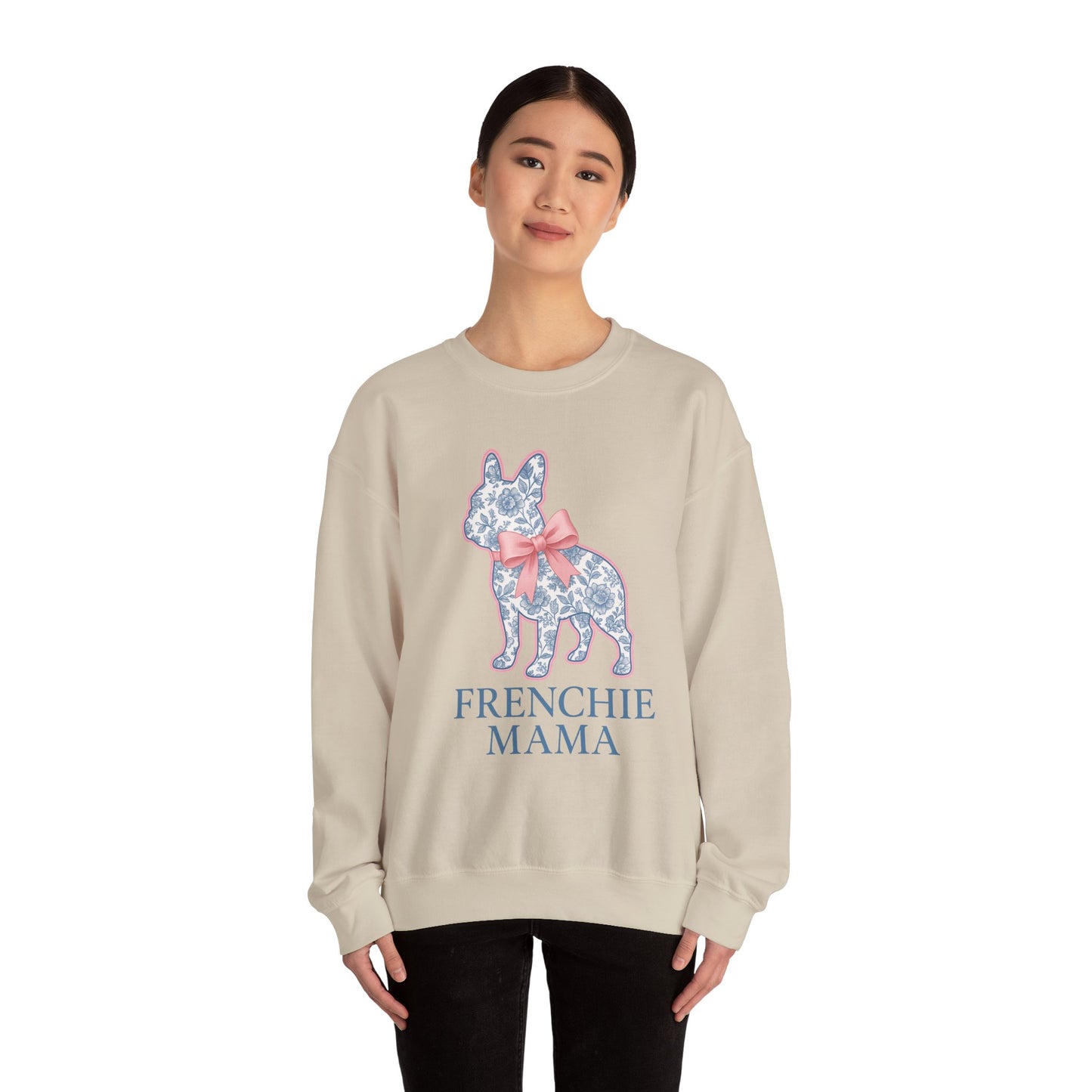 Frenchie Mama Sweatshirt – Blue Floral French Bulldog with Pink Bow, Cute Dog Mom Crewneck, French Bulldog Lover Gift, Cozy Dog Mom Sweater