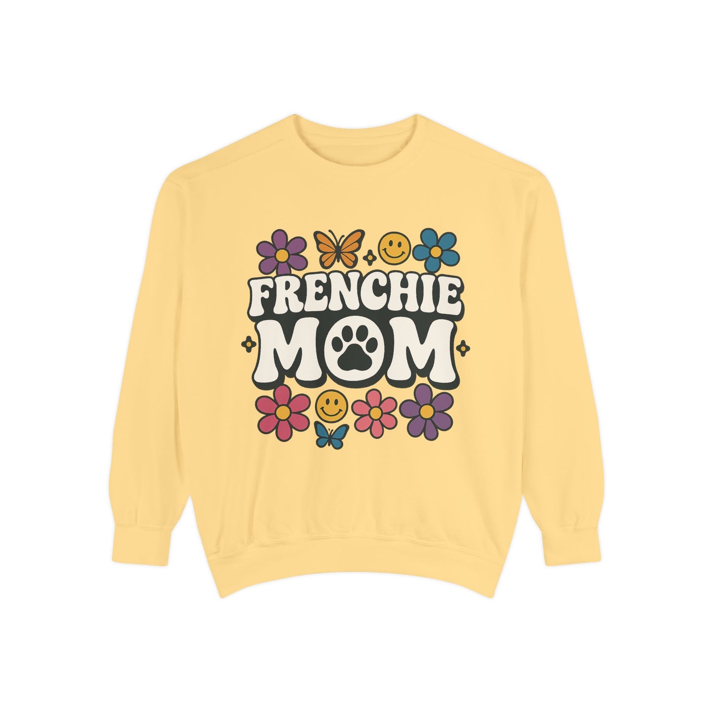 Frenchie Mom Sweatshirt | Retro Groovy Dog Lover Pullover | Smiley Flower French Bulldog Crewneck | Cute Colorful Dog Mom Sweater