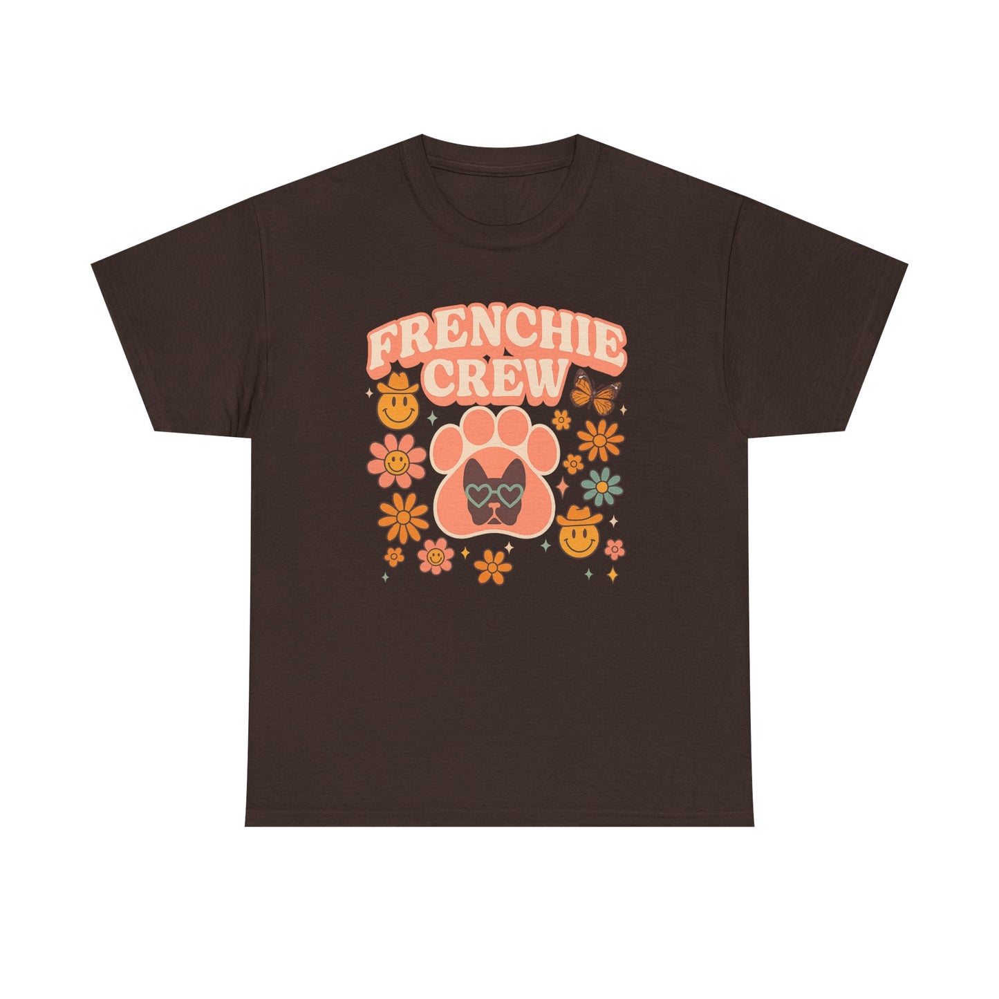 Frenchie Crew T-Shirt | Retro 70s Floral French Bulldog Tee | Groovy Dog Mom Shirt | Frenchie Lover Gift | Vintage Aesthetic Graphic Tee