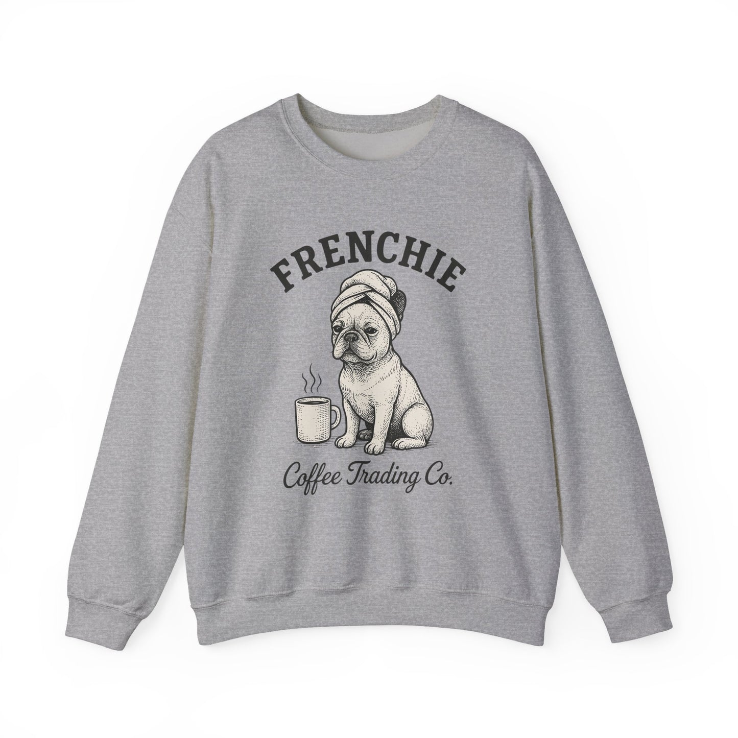 Frenchie Coffee Trading Co. Sweatshirt – Cozy French Bulldog Coffee Lover Crewneck, Vintage Café Dog Sweater, Cute Pet Gift