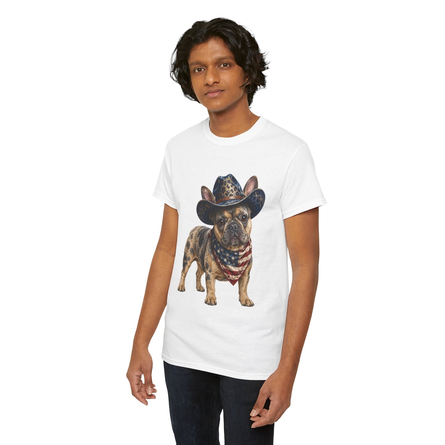 Patriotic Merle French Bulldog Shirt, Cowboy Frenchie Tee, American Flag Bandana Dog Shirt, Fourth of July French Bulldog Gift