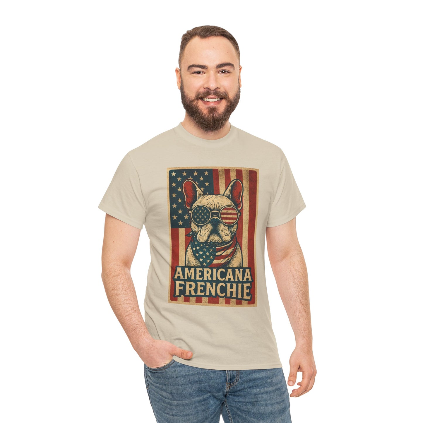 Americana Frenchie T-Shirt – Patriotic French Bulldog Tee, USA Flag Dog Shirt, 4th of July Frenchie Gift, Vintage Retro Style