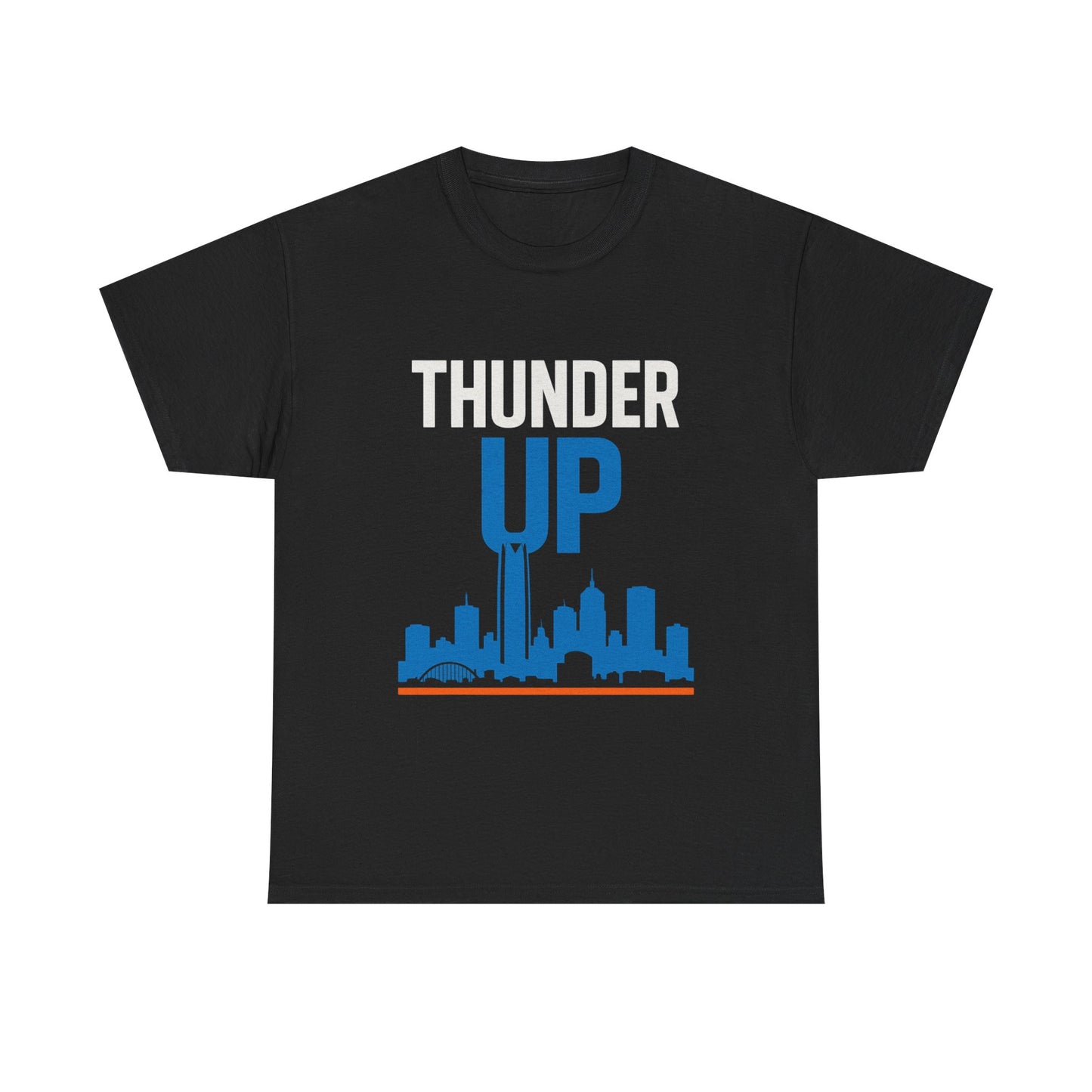 Thunder Up Oklahoma City Skyline Shirt – OKC Basketball Fan Tee, Blue & Orange City Skyline Graphic, Oklahoma Hoops Spirit Wear, Game Day T-Shirt
