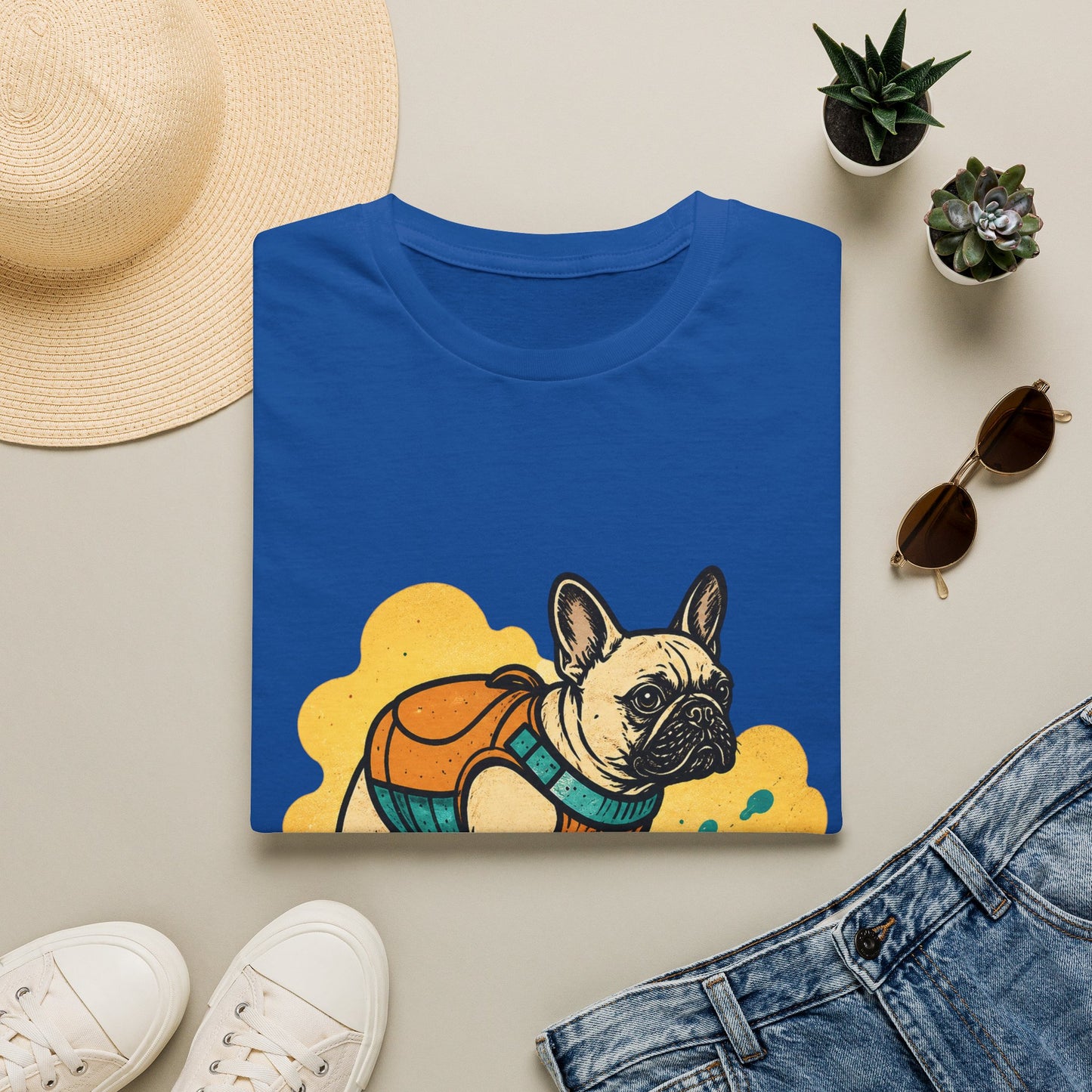 French Bulldog Surf T‑Shirt — Cute Dog with Backpack Beach Tee