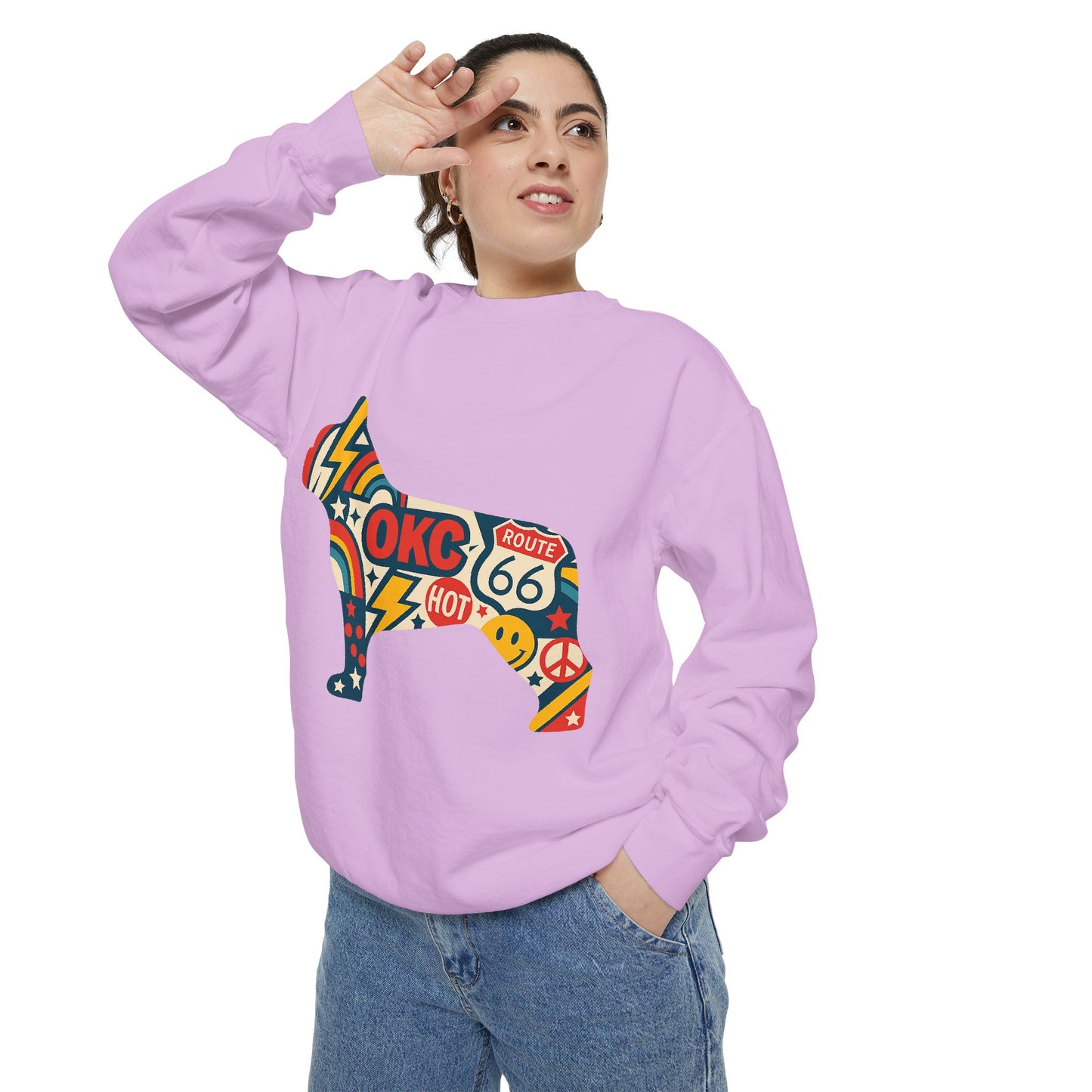 OKC Frenchie Route 66 Sweatshirt | Retro Oklahoma Pullover | Blue Orange Dog Lover Crewneck