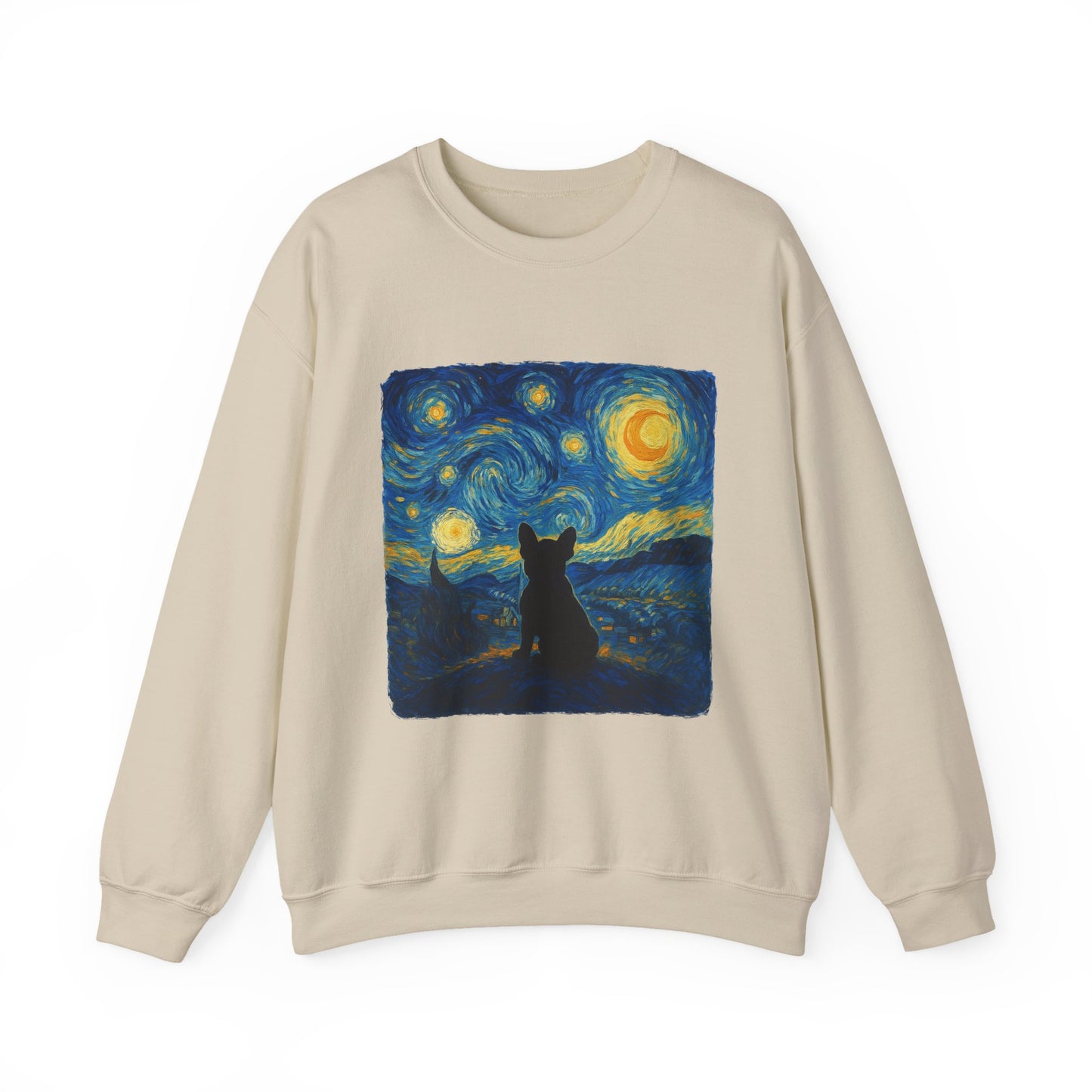 Starry Night Frenchie Sweatshirt – Van Gogh Inspired French Bulldog Art Crewneck, Cozy Dog Lover Gift, Retro Frenchie Sweater