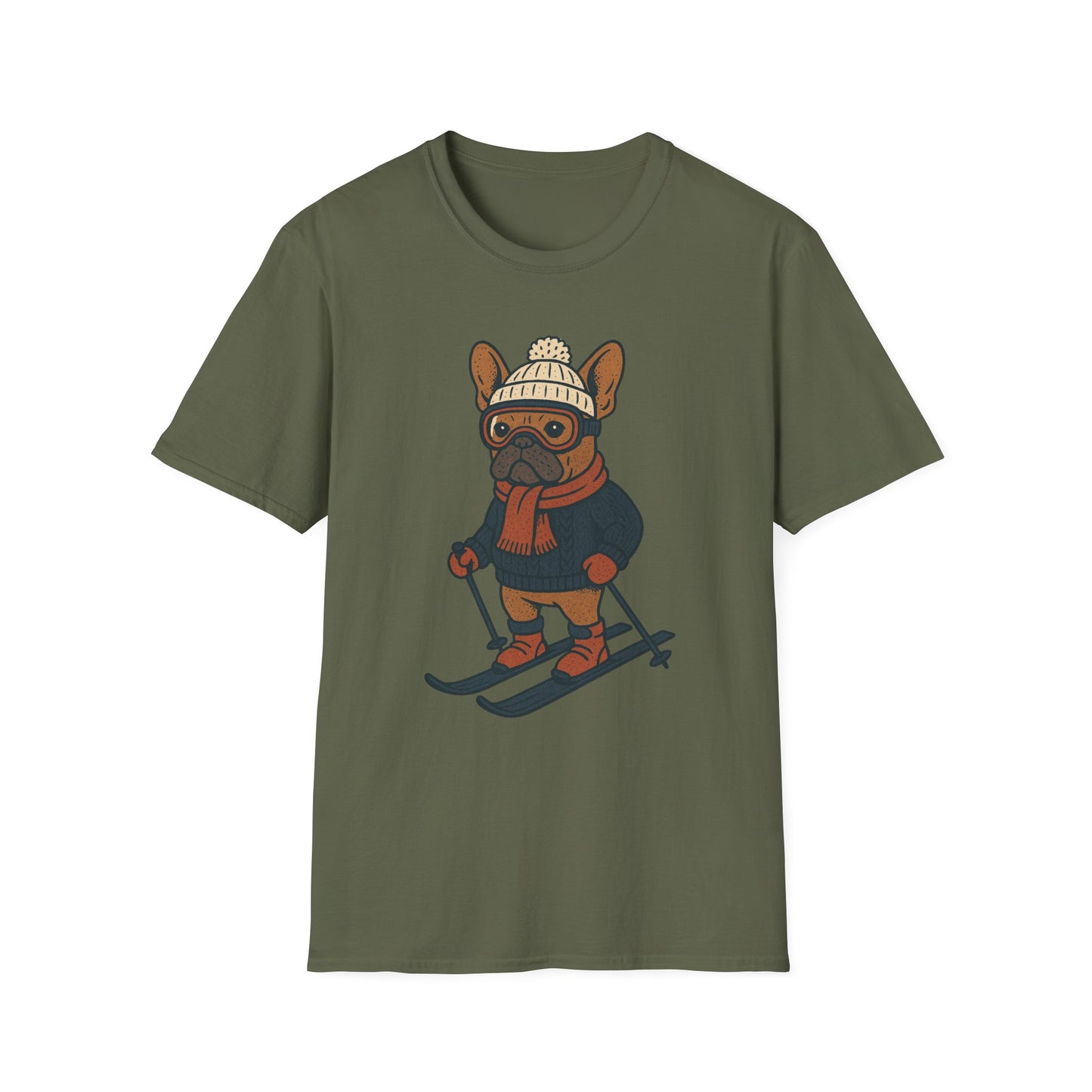 French Bulldog Skiing T-Shirt, Winter Frenchie Shirt, Ski Dog Graphic Tee, Cute Snow Dog Gift, Funny Frenchie Lover Shirt, Skiing Pup Tee
