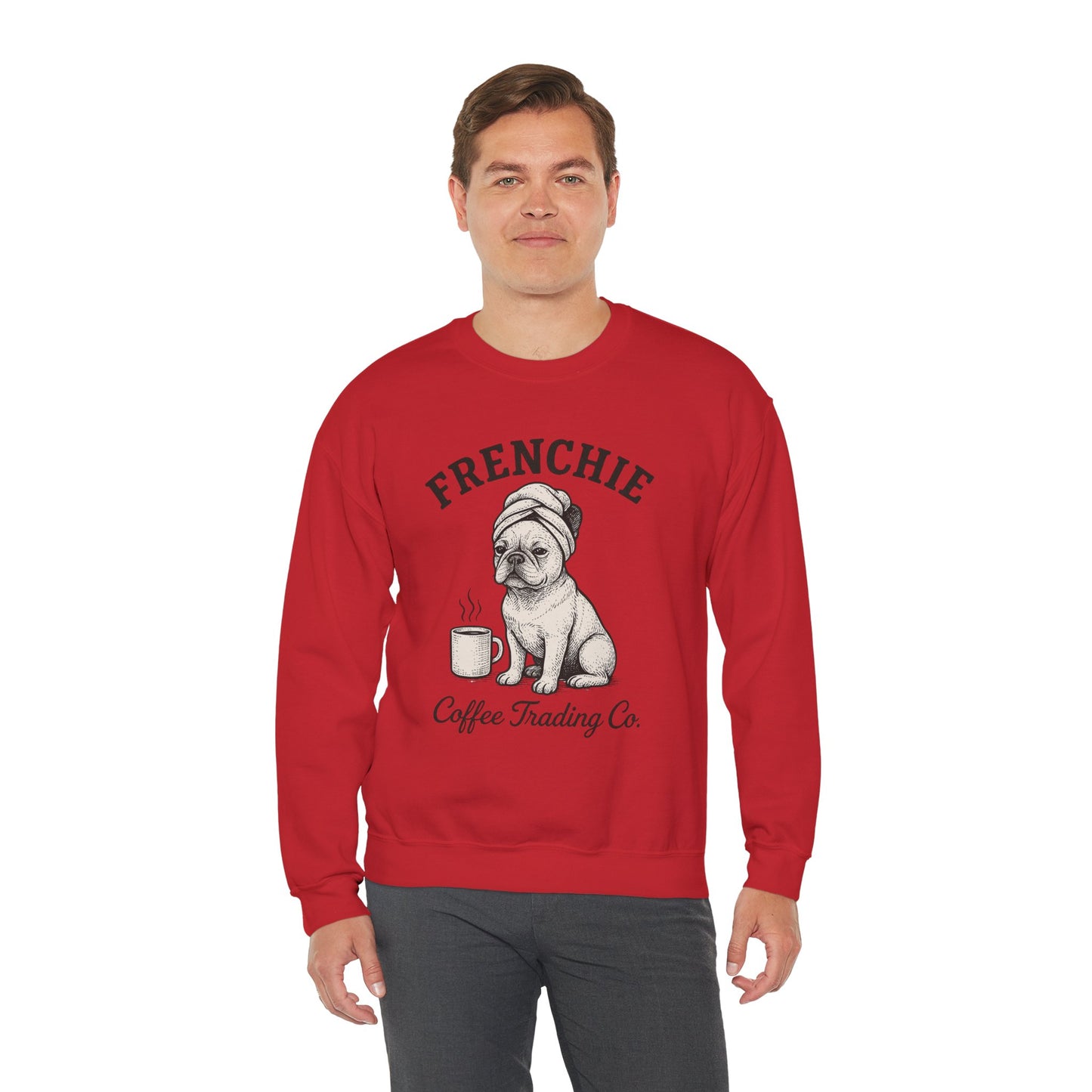 Frenchie Coffee Trading Co. Sweatshirt – Cozy French Bulldog Coffee Lover Crewneck, Vintage Café Dog Sweater, Cute Pet Gift