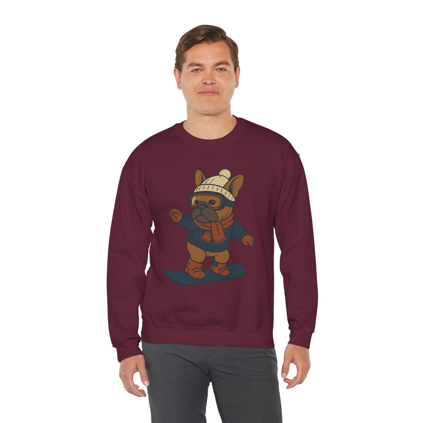 Snowboarding Frenchie Sweatshirt – Cute French Bulldog Winter Sweater, Snowboard Dog Pullover, Cozy Holiday Ski Dog Crewneck, Frenchie Lover Gift