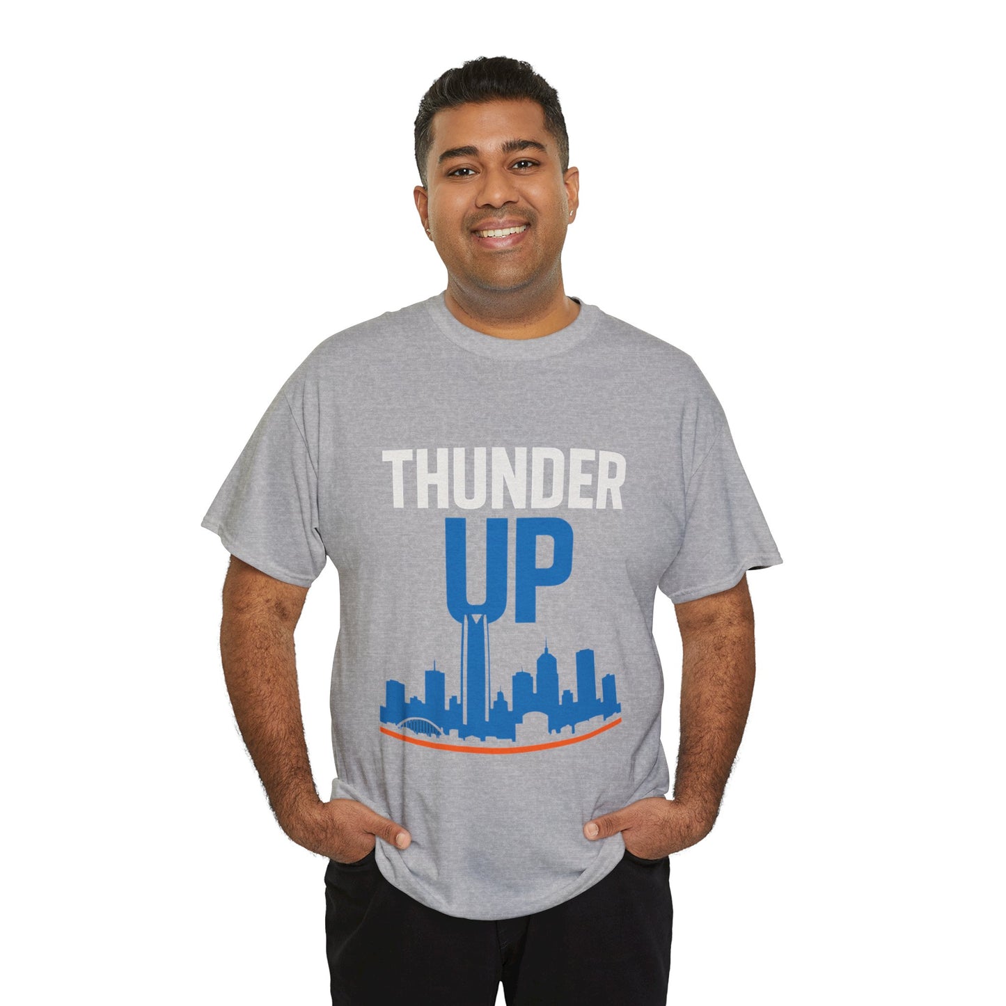 Thunder Up Oklahoma City Skyline Shirt – OKC Basketball Fan Tee, Blue & Orange City Skyline Graphic, Oklahoma Hoops Spirit Wear, Game Day T-Shirt