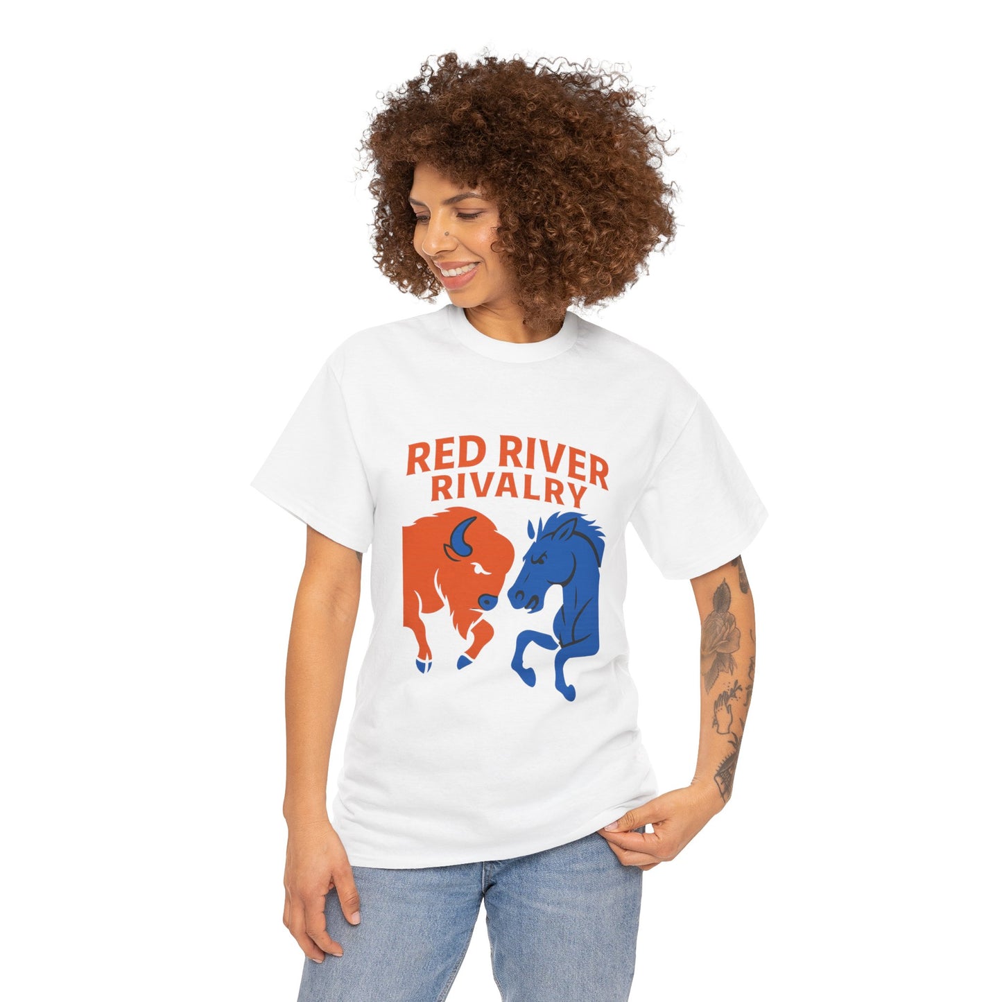Red River Rivalry T-Shirt – Oklahoma vs Texas-Inspired Tee, Bison and Mustang Game Day Shirt, Blue and Orange Sports Rivalry Graphic