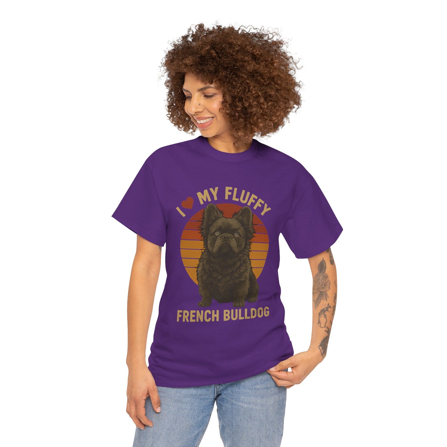 I Love My Fluffy French Bulldog Shirt – Cute Fluffy Frenchie Mom Tee – Retro Sunset Dog Lover Gift – Fluffy Frenchie Owner Present – Pet Parent T-Shirt