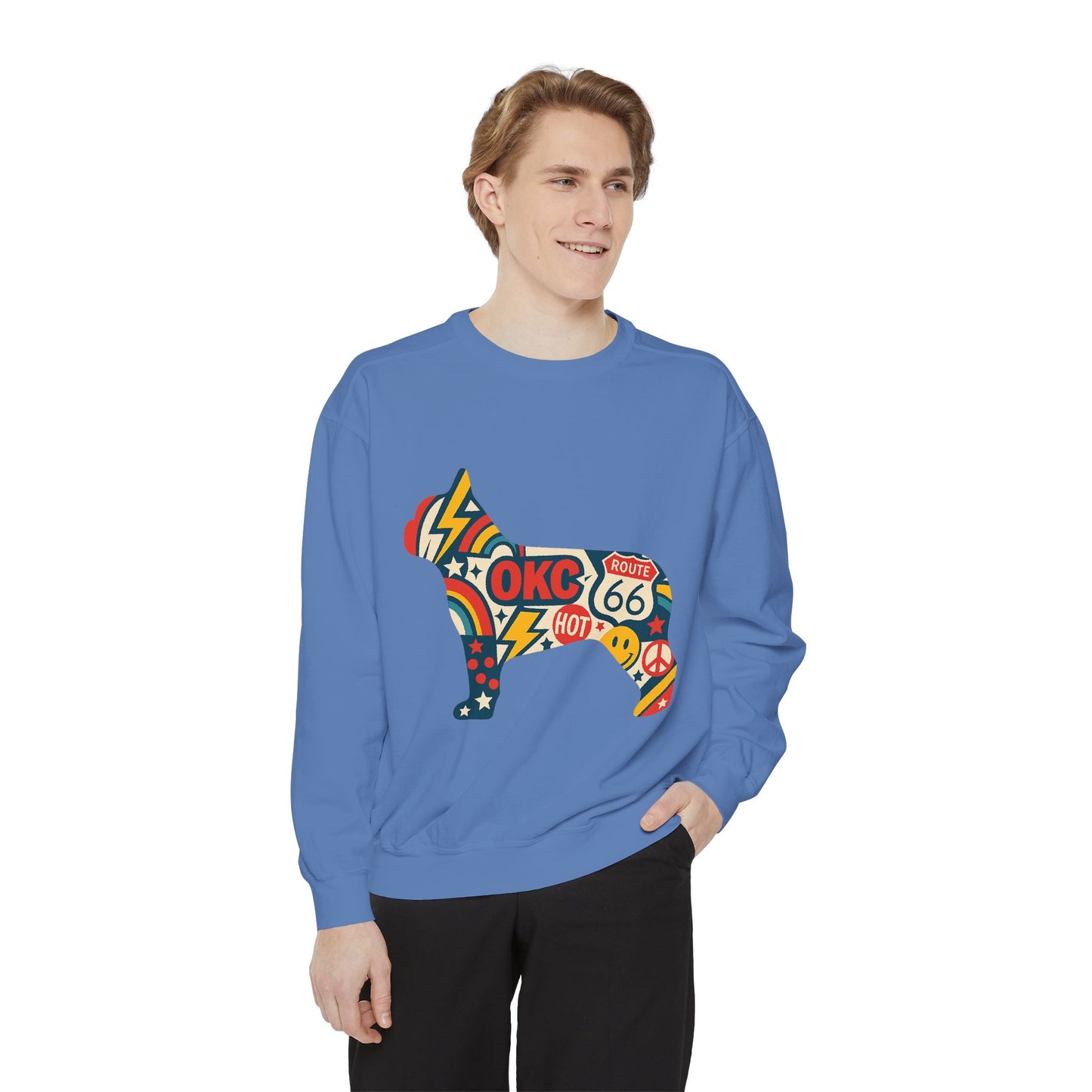 OKC Frenchie Route 66 Sweatshirt | Retro Oklahoma Pullover | Blue Orange Dog Lover Crewneck