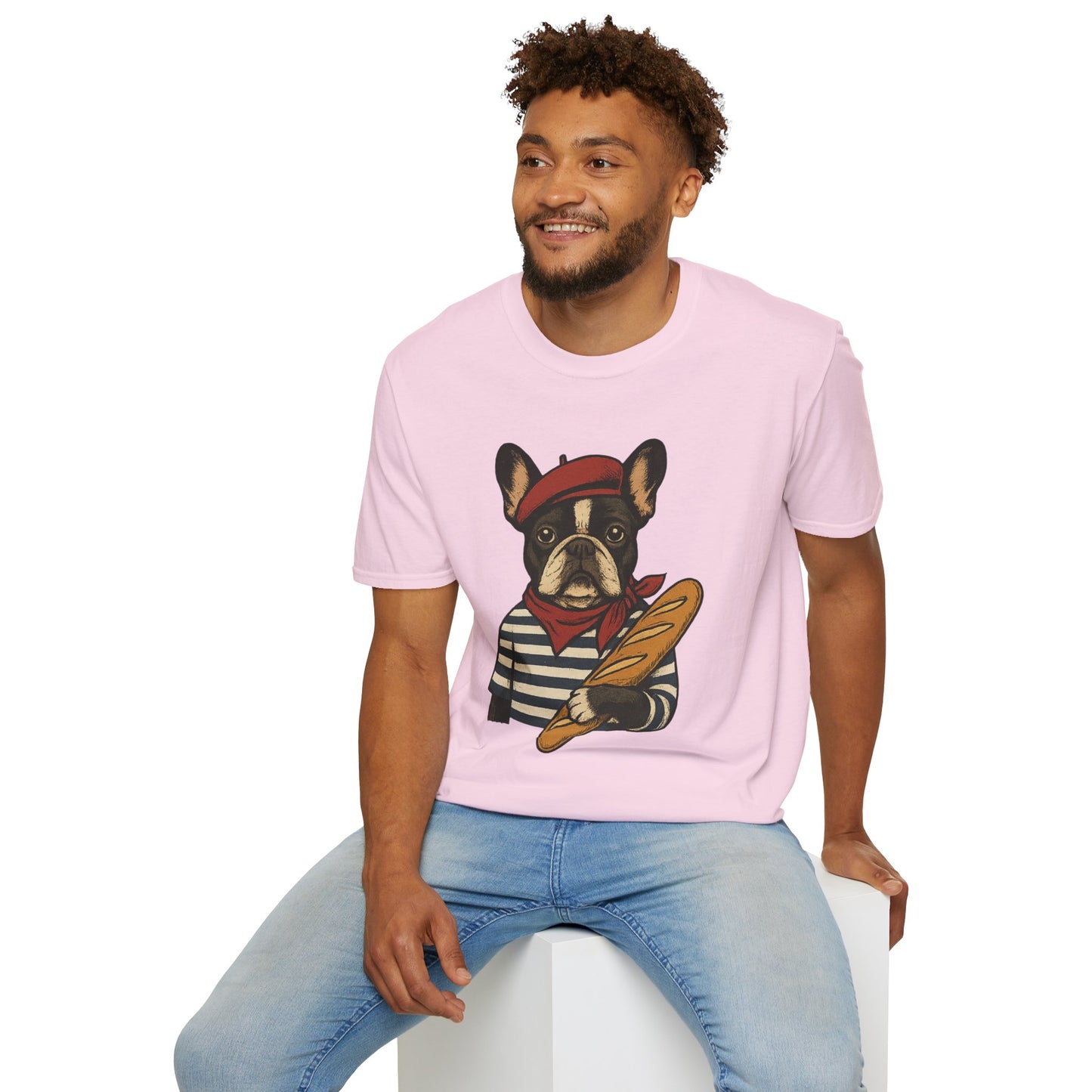 French Bulldog Parisian T-Shirt – Cute Frenchie in Beret & Stripes with Baguette – Funny Dog Lover Tee, French Style Dog Shirt, Gift for Frenchie Moms