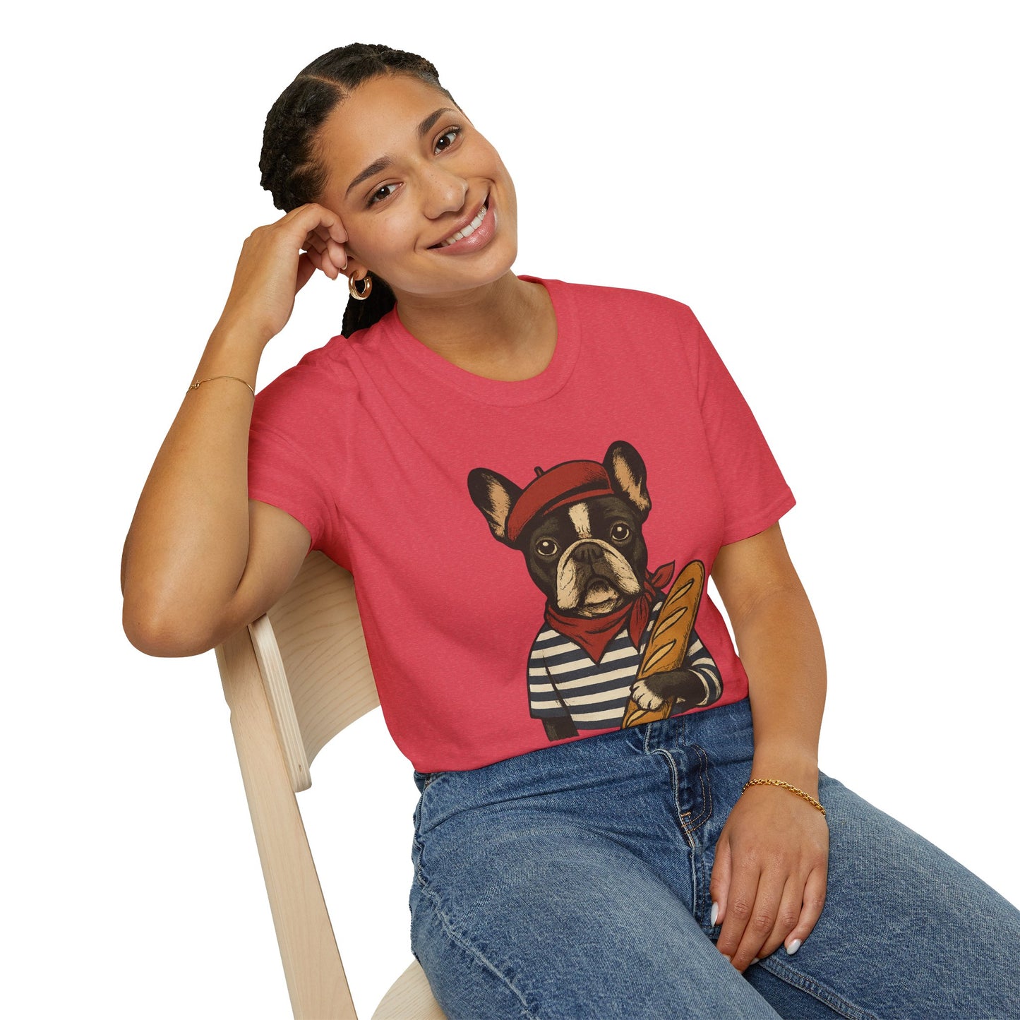 French Bulldog Parisian T-Shirt – Cute Frenchie in Beret & Stripes with Baguette – Funny Dog Lover Tee, French Style Dog Shirt, Gift for Frenchie Moms