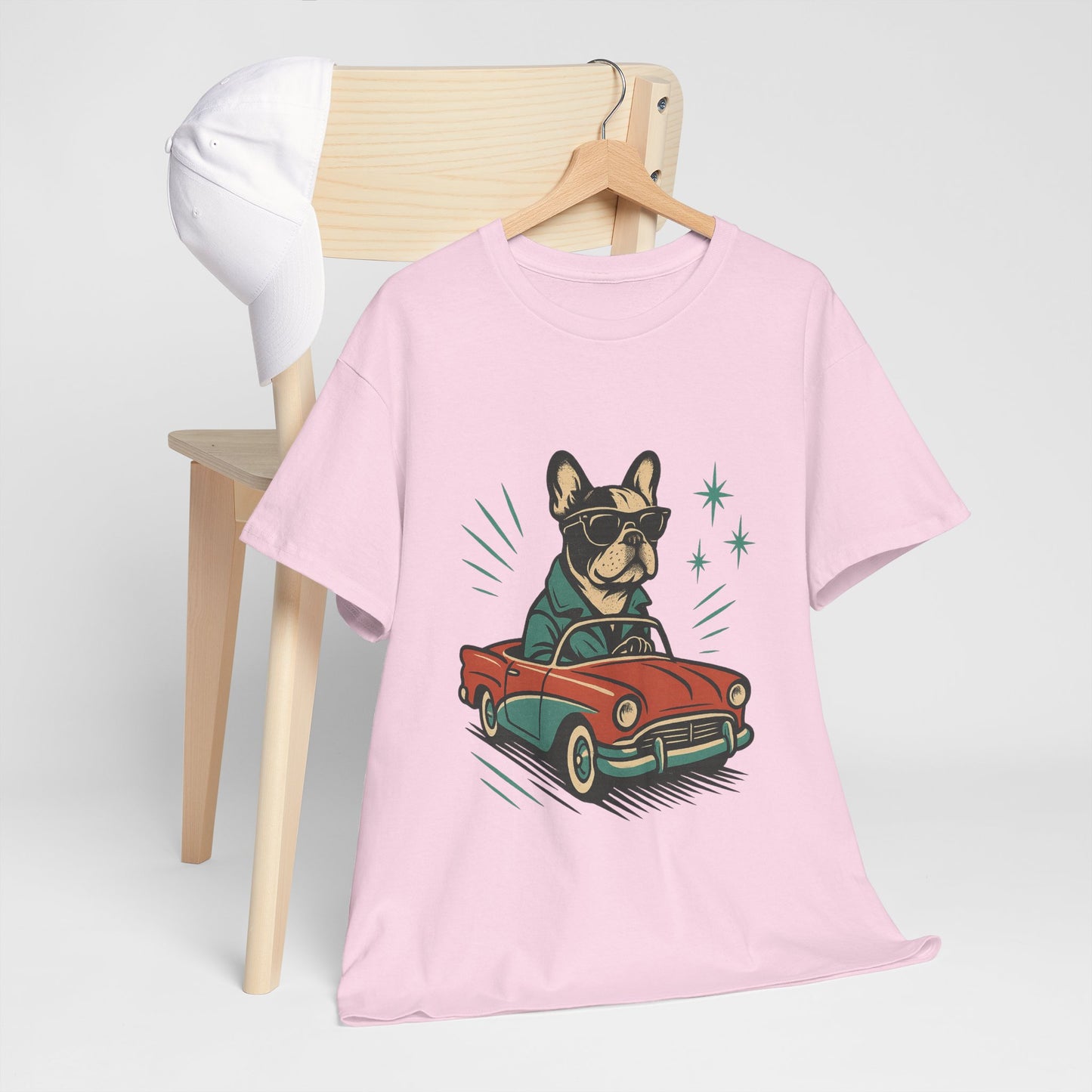 Rockabilly Frenchie T-Shirt | Retro French Bulldog Driving Tee | Vintage Car Dog Lover Shirt | Cool 50s Style Frenchie Graphic Tee
