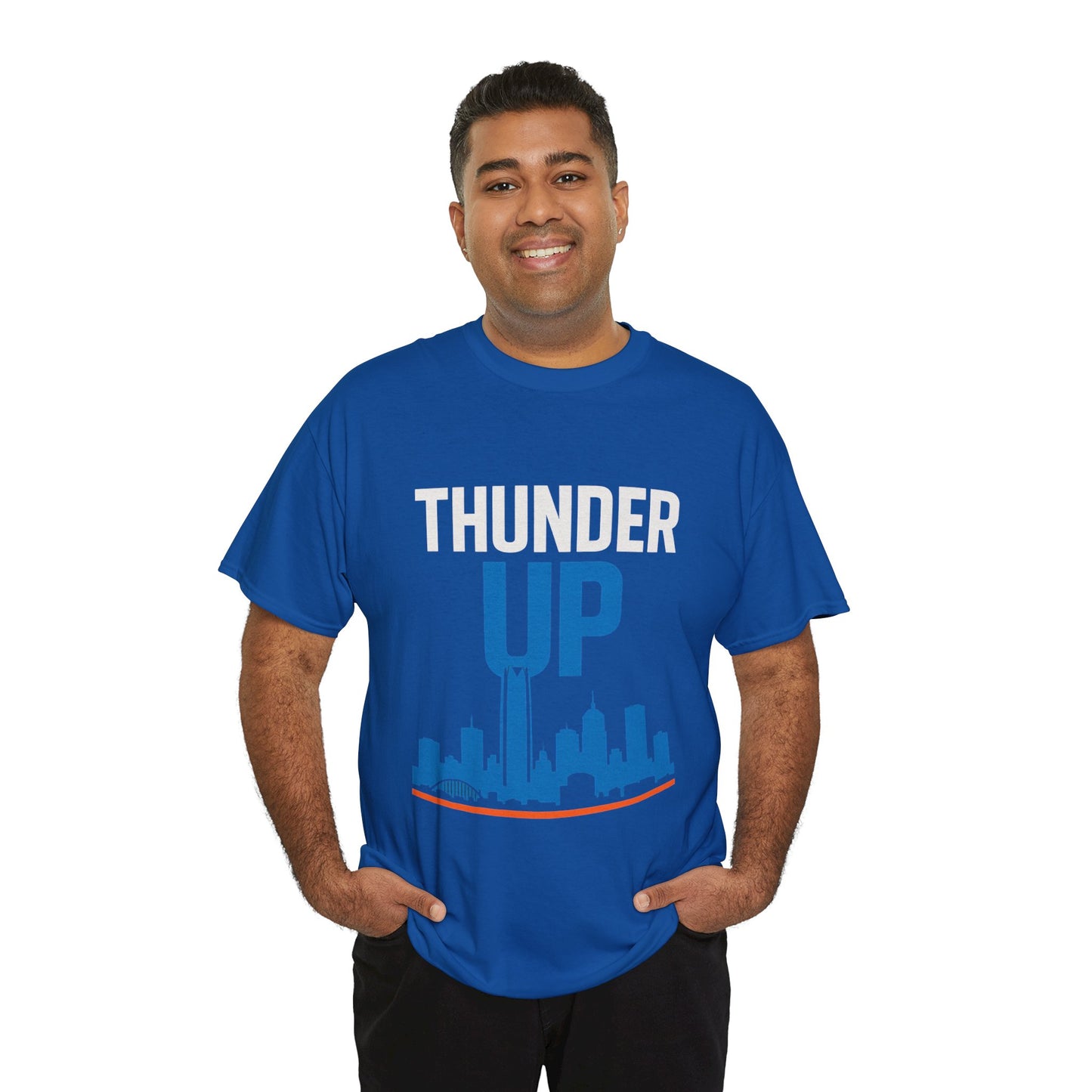 Thunder Up Oklahoma City Skyline Shirt – OKC Basketball Fan Tee, Blue & Orange City Skyline Graphic, Oklahoma Hoops Spirit Wear, Game Day T-Shirt