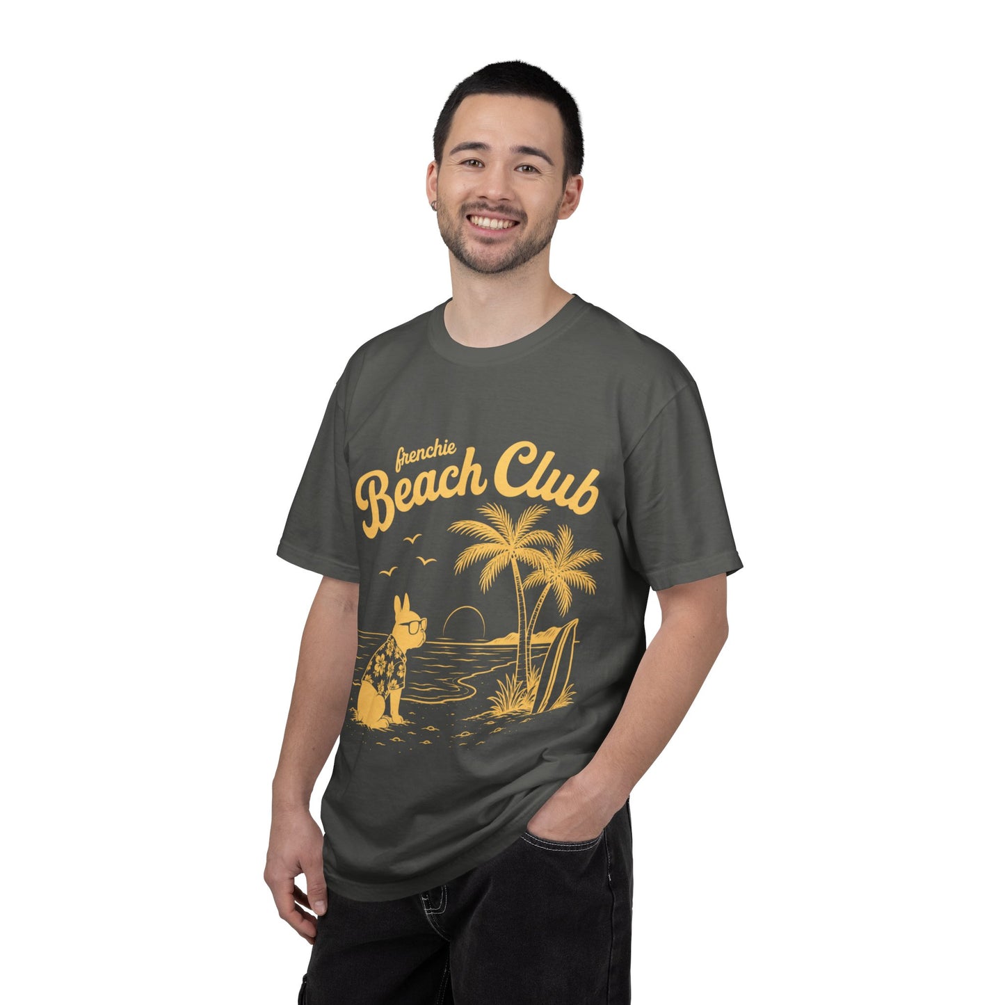 Frenchie Beach Club T-Shirt — Cute French Bulldog Surfing Palm Beach Tee