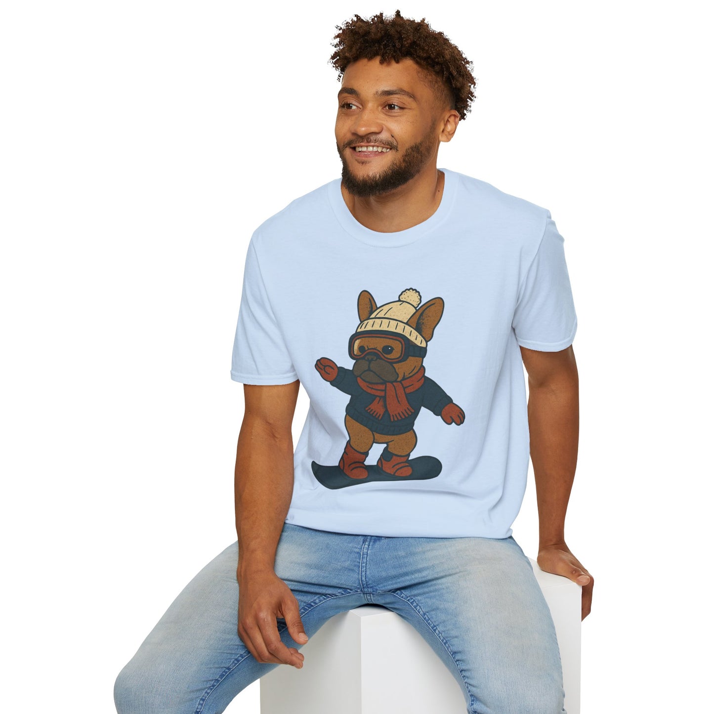 Snowboarding Frenchie T-Shirt | Cute Winter Dog Snowboard Tee | French Bulldog Snowboarder Shirt | Holiday Ski Resort Pup Graphic | Dog Lover Snow Sport Gift