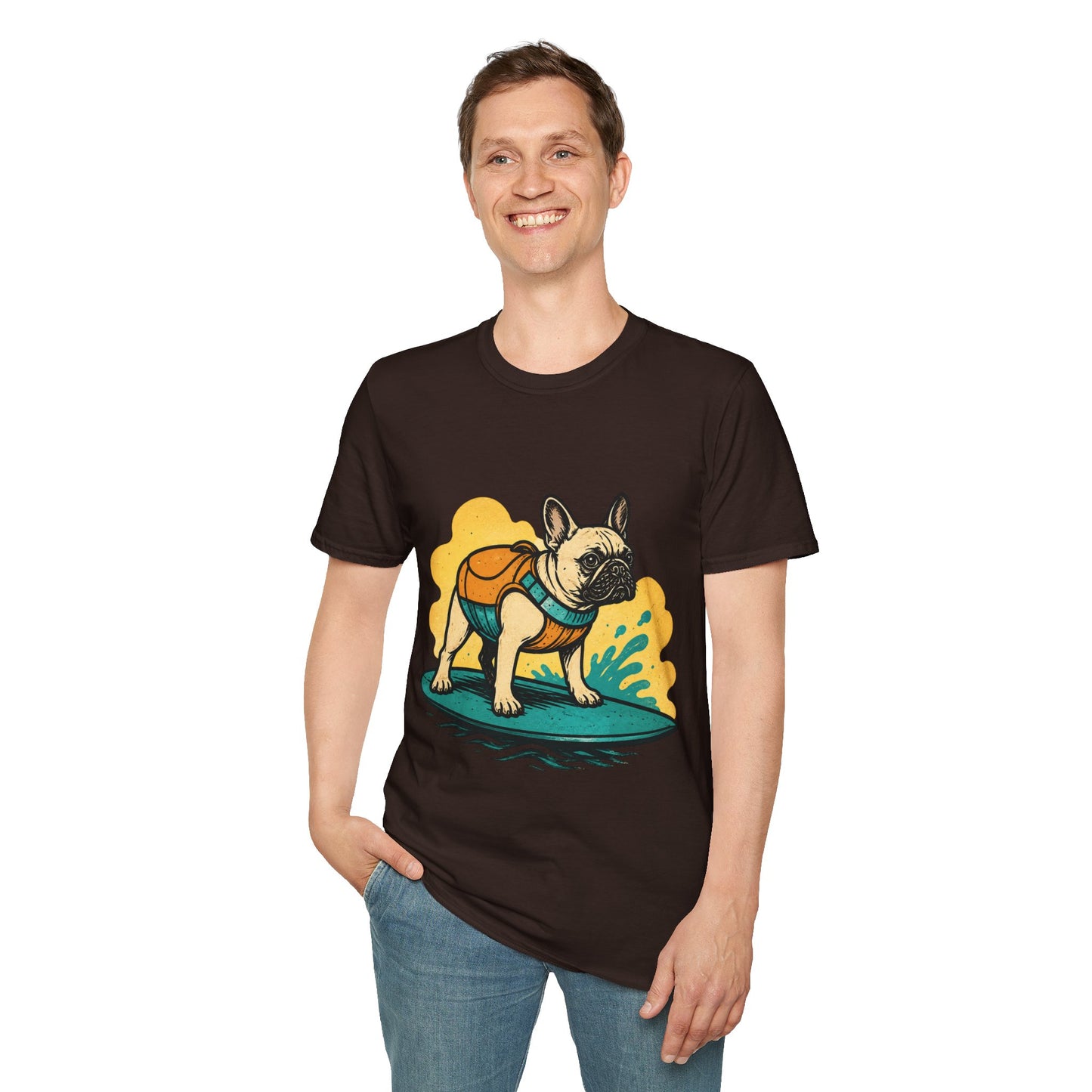 French Bulldog Surf T‑Shirt — Cute Dog with Backpack Beach Tee